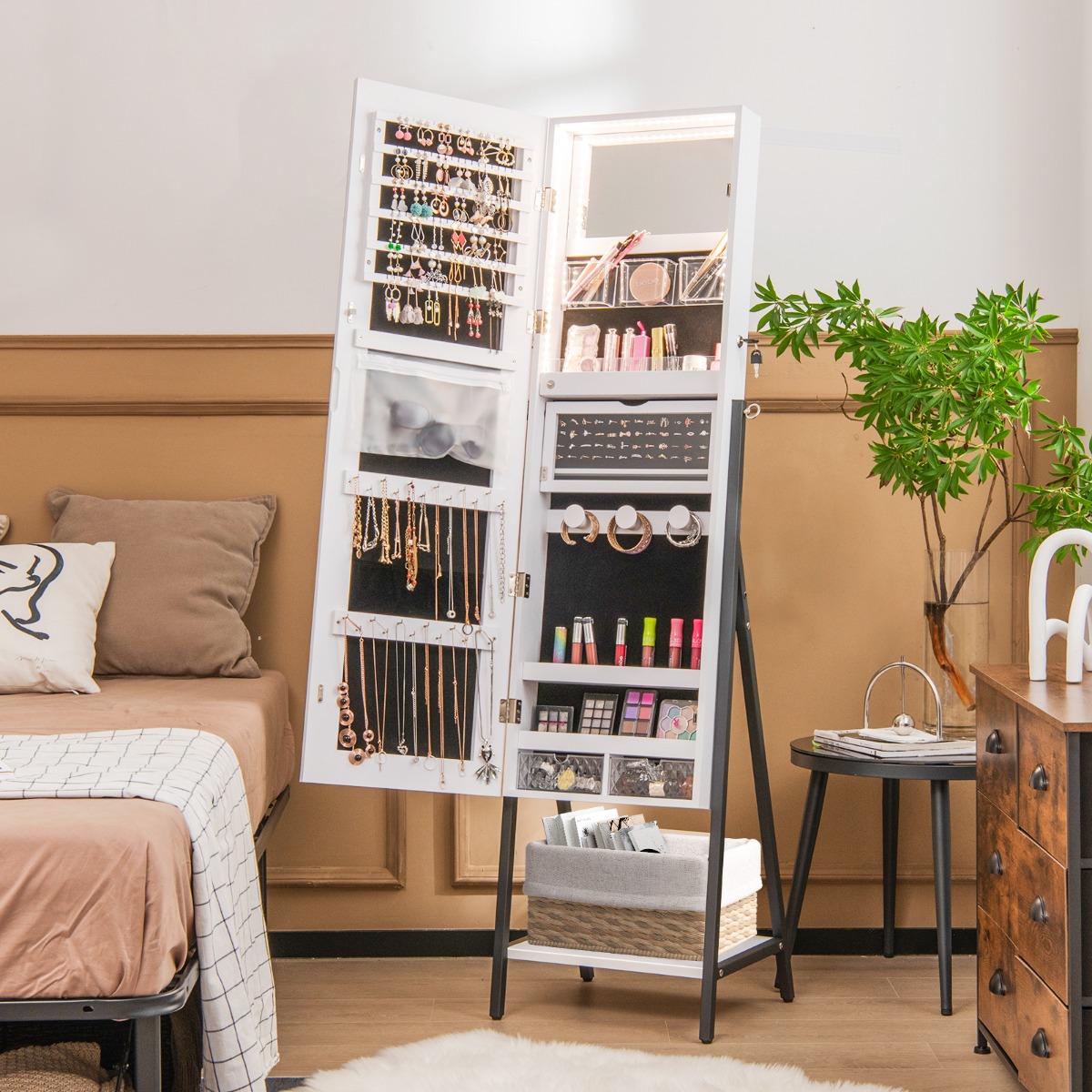 Schmuckschrank mit Spiegel & 3-farbigen LED Beleuchtung 41,5 x 37 x 157 cm Weiß