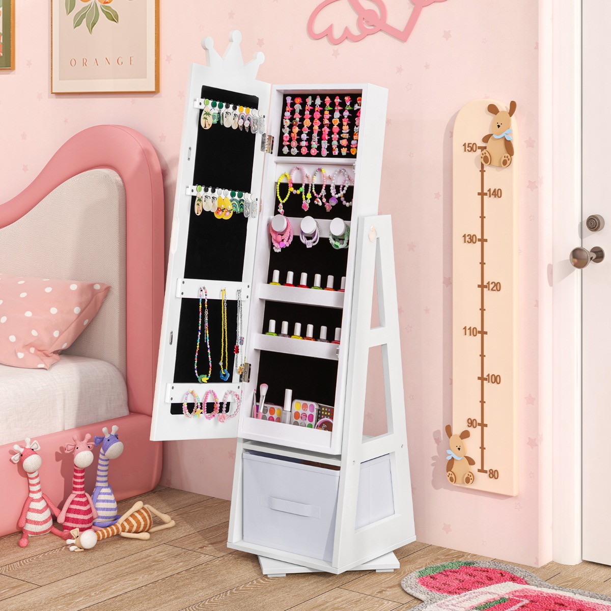 3 in 1 Kinder Schmuckschrank mit Ganzkörperspiegel & Aufbewahrungskorb Schmuckregal Weiß