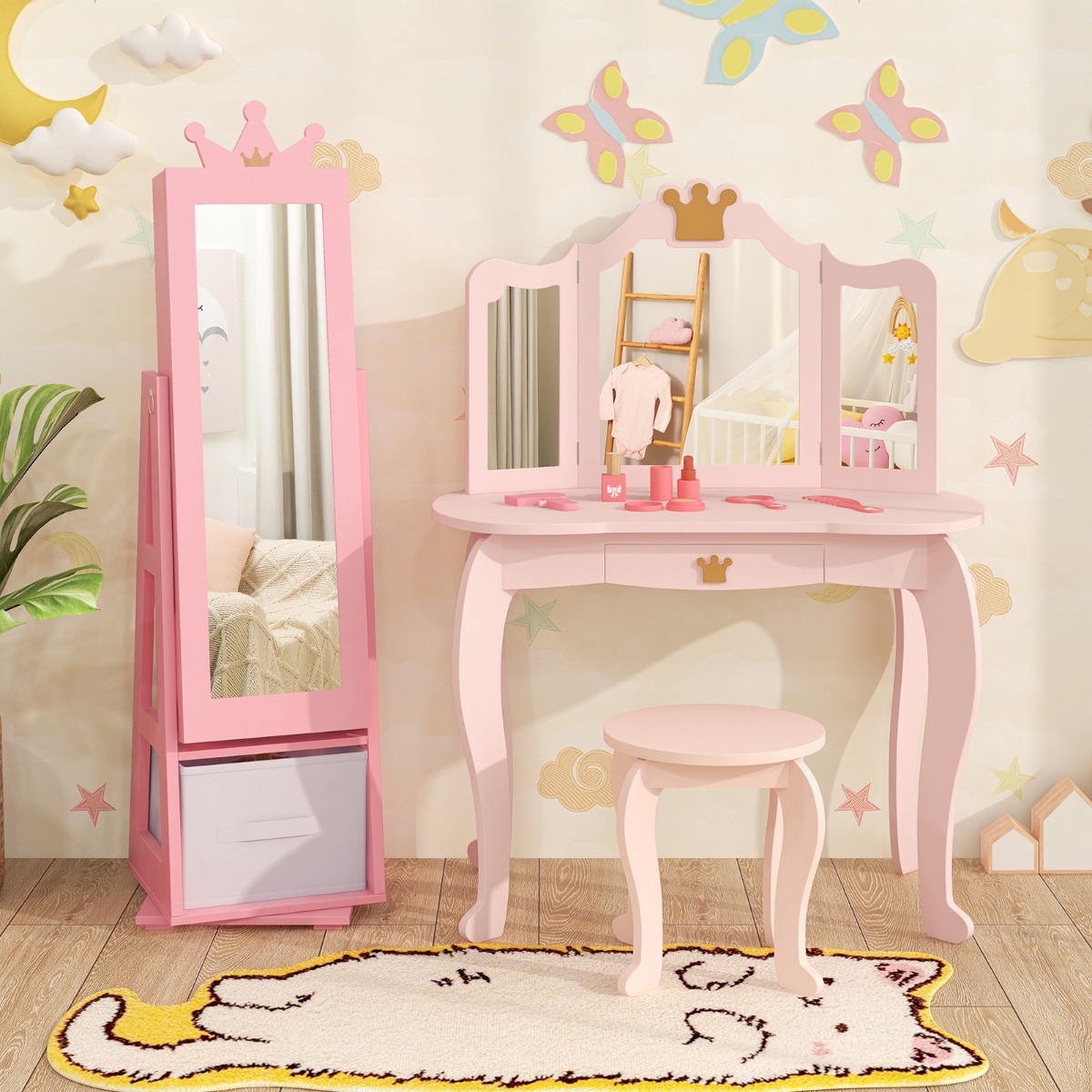 Kinder Schmuckschrank 2 in 1 Spiegelschrank neigbar mit Ganzkörperspiegel 31,5 x 30 x 115 cm Rosa