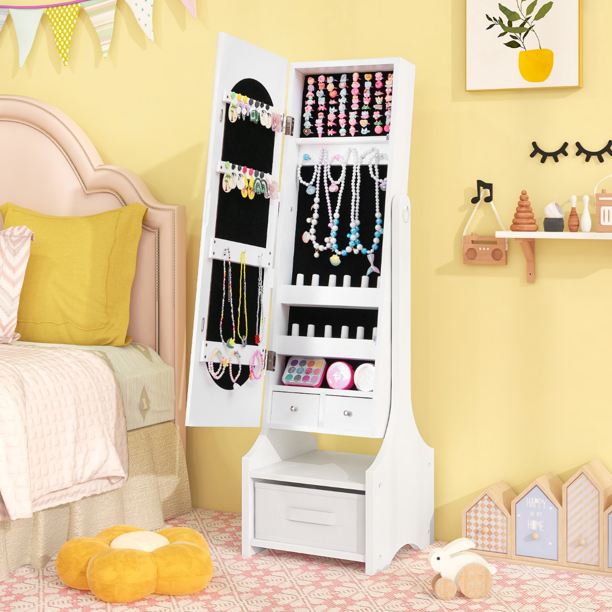 Kinder Schmuckschrank 3 in 1 Spiegelschrank neigbar mit Ganzkörperspiege Weiß