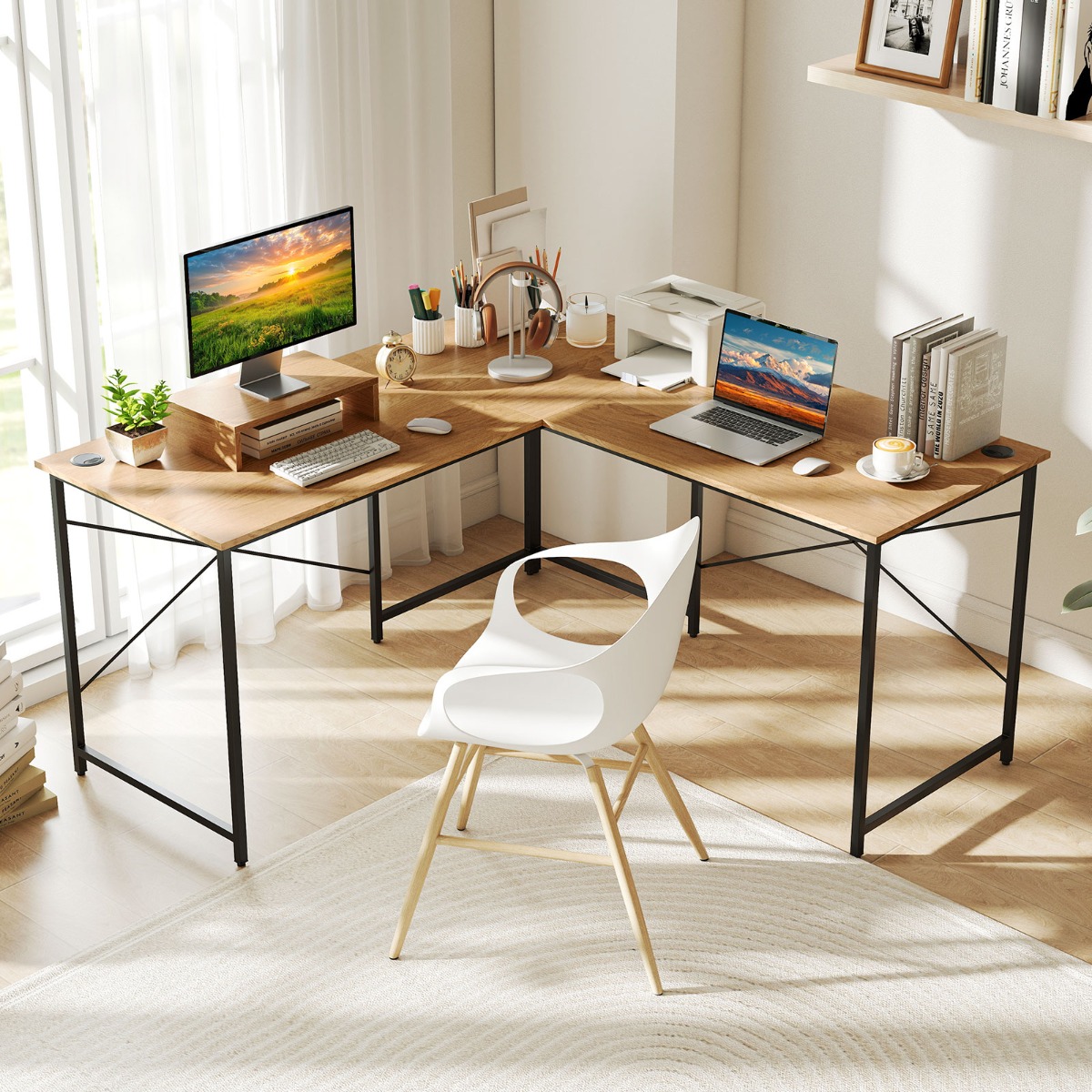 L-förmiger Computertisch umwandelbarer Eckschreibtisch mit abnehmbarem Monitorständer Natur