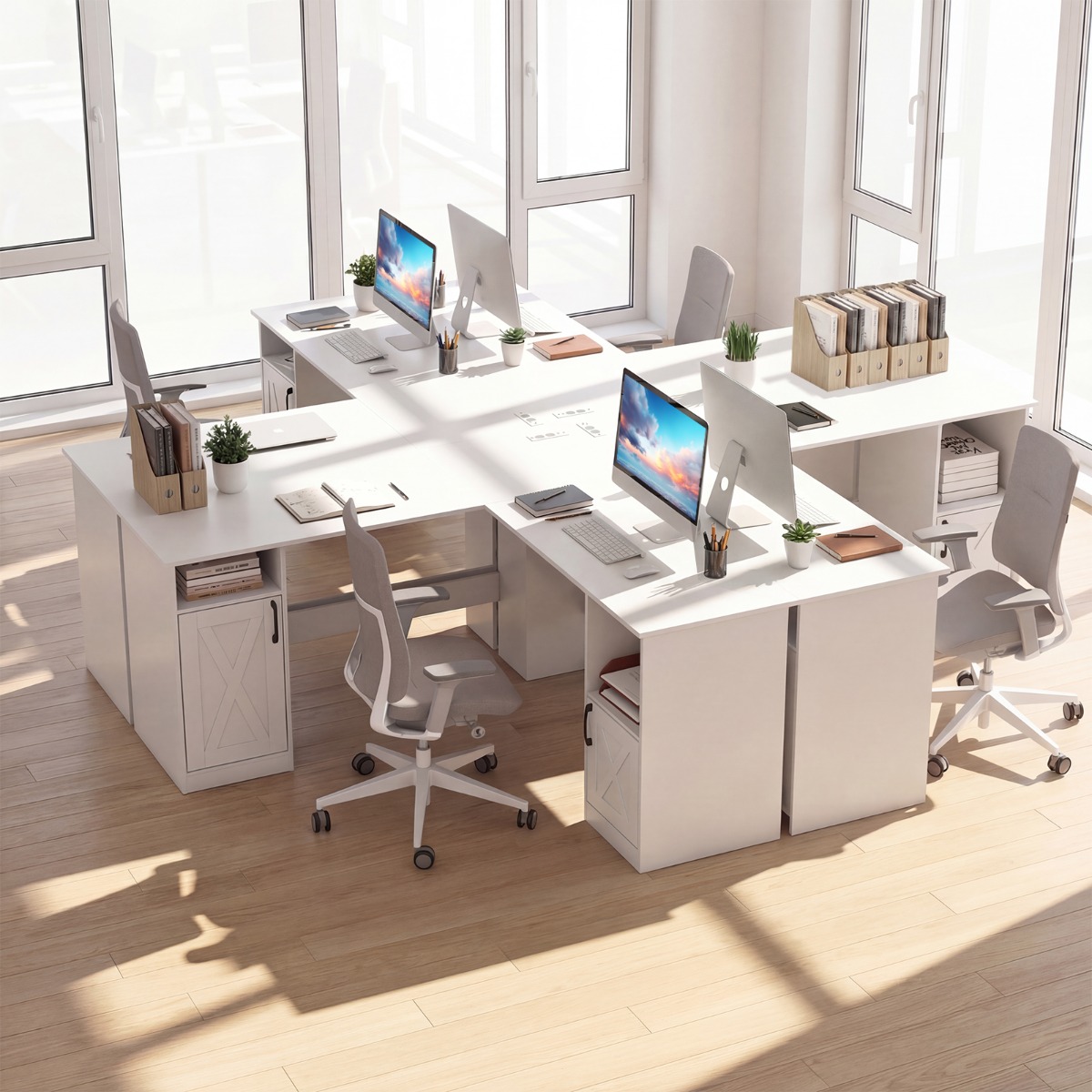 L Form Schreibtisch mit 2 Schränke & Ladestation & 4 Offene Regale Eckschreibtisch Bürotisch Weiß