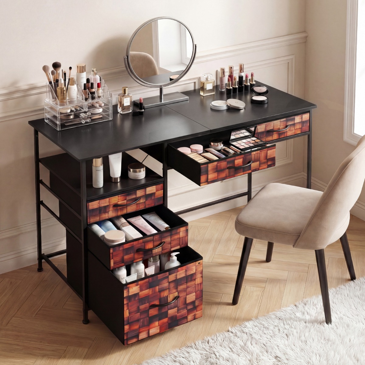 Schreibtisch mit 5 Stoffschubladen Computertisch mit Regal PC Tisch für kleine Räume Braun