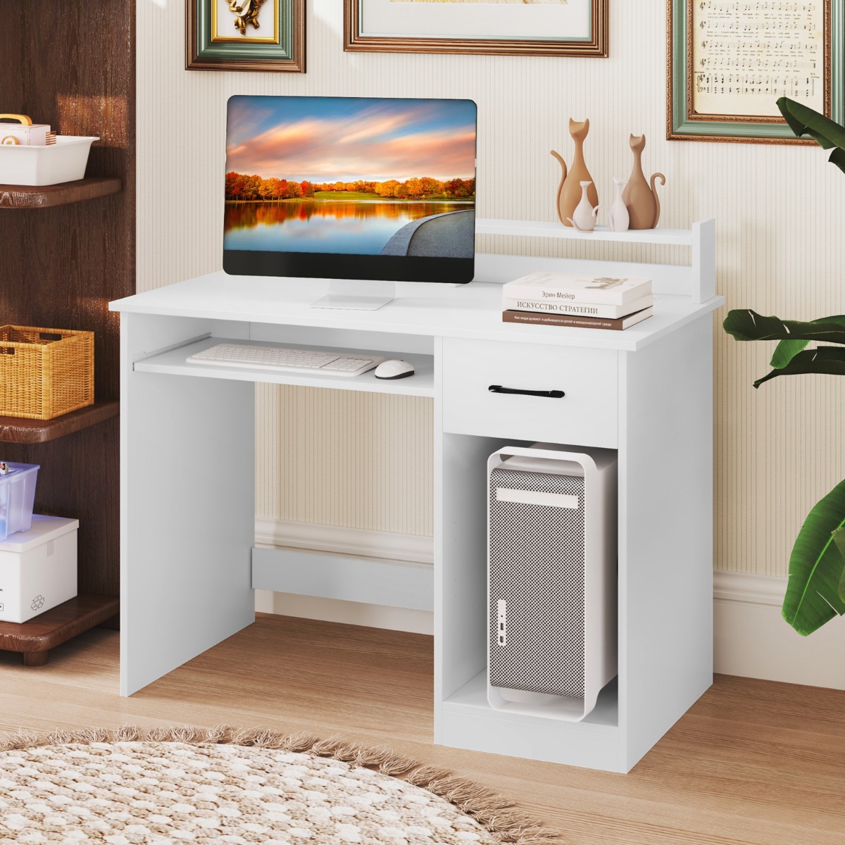 Schreibtisch mit Ladestation Tastaturablage Schublade & verstellbarem Regal Weiß 105 x 55 x 89 cm