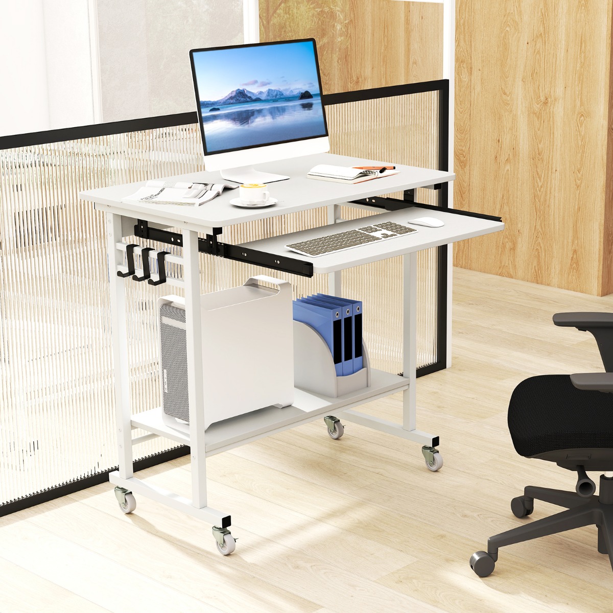 Schreibtisch mit Rollen & Tastaturablage & Ablagefläche unten & Haken Computertisch Weiß