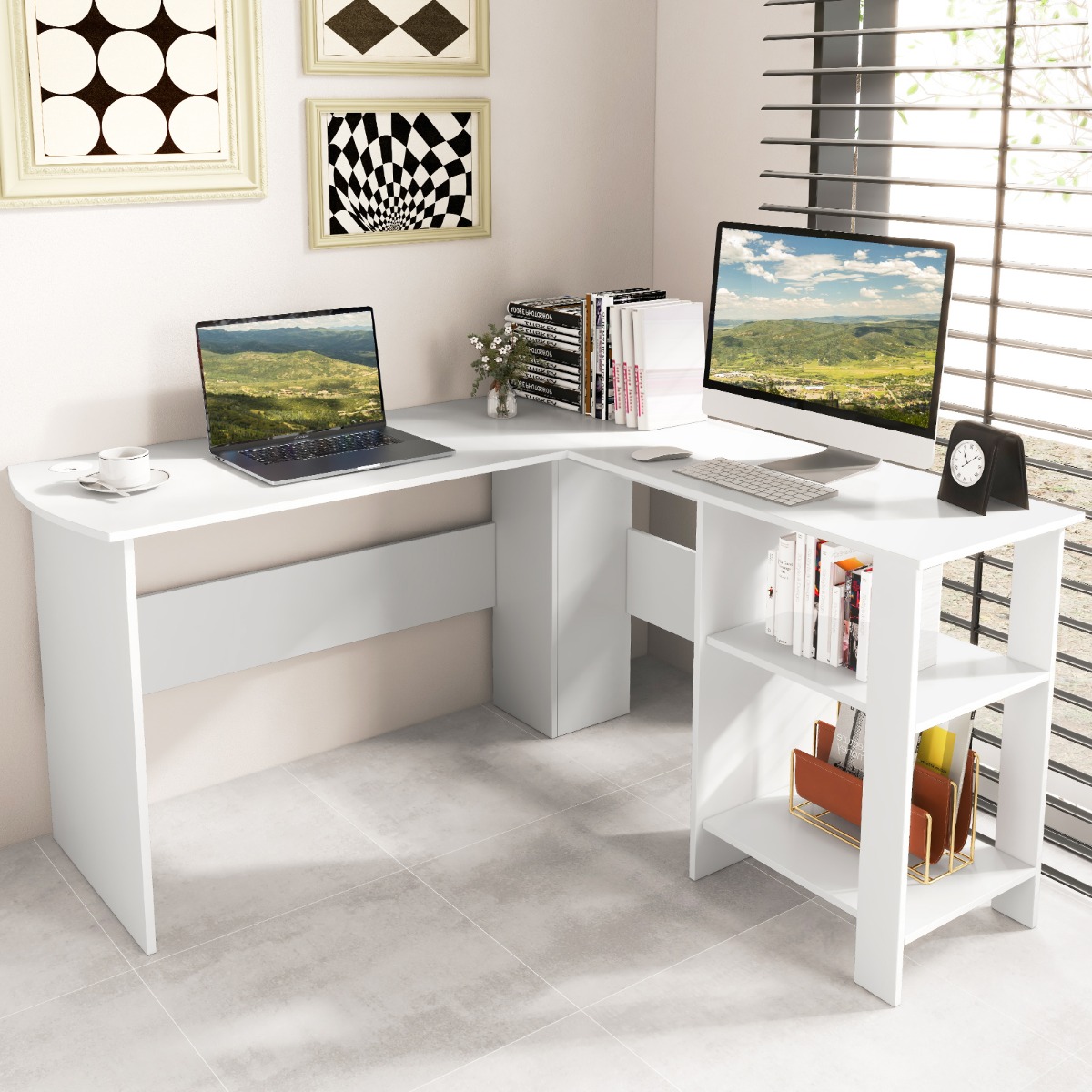 L-Form Schreibtisch mit 2 Kabellöchern & Ablagefächern Eckschreibtisch 130 x 130 x 74 cm Weiß
