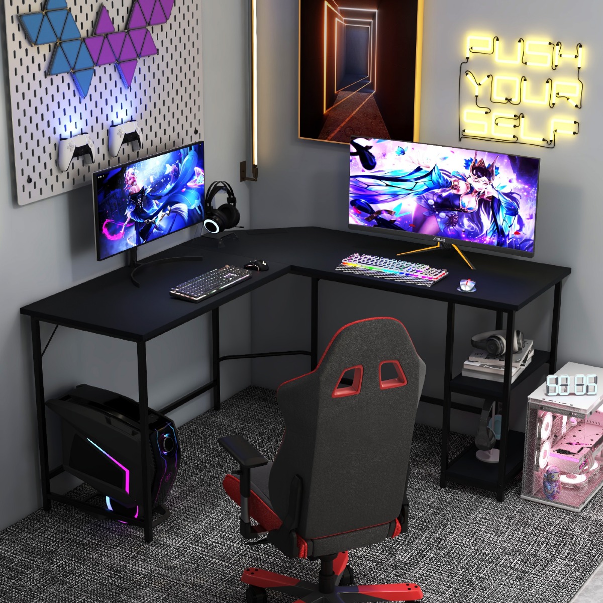 Schreibtisch L-Form Eckschreibtisch mit 2 Ablagen Ecktisch mit abnehmbarem Regal Schwarz