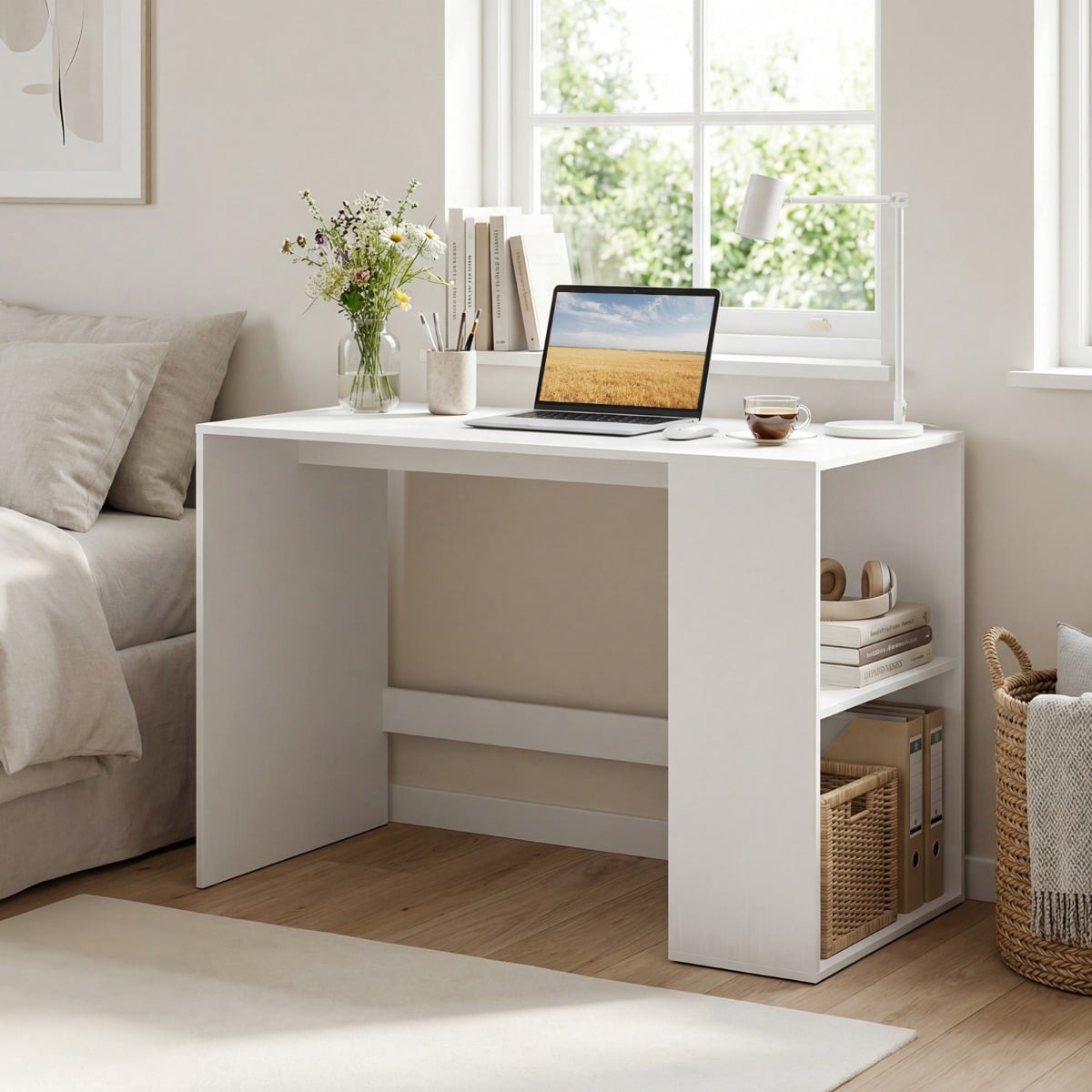Schreibtisch mit Stauraum & 2 Offenen Seitenregalen Platzsparender Computertisch PC-Tisch Weiß