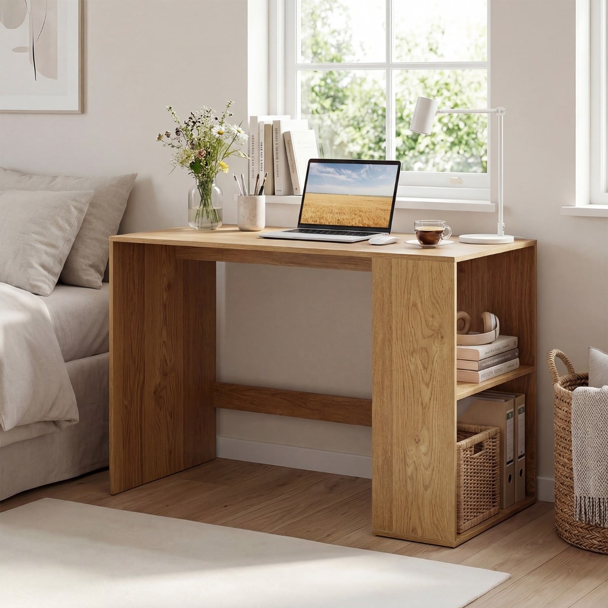 Schreibtisch mit Stauraum & 2 Offenen Seitenregalen Platzsparender Computertisch PC-Tisch Natur