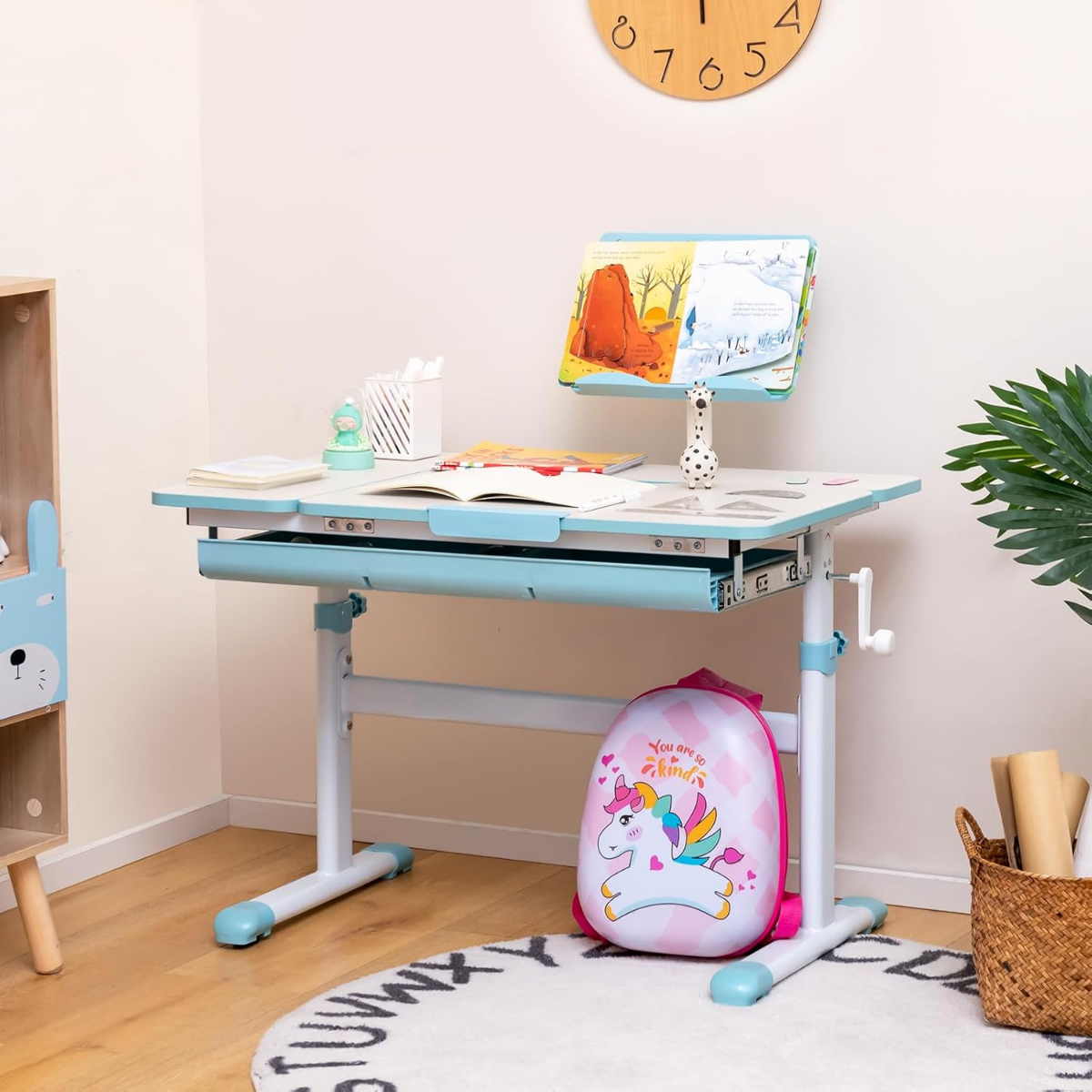 Höhenverstellbares Kinderschreibtisch Set mit Neigbarer Tischplatte & Bücherständer (Blau Tisch)