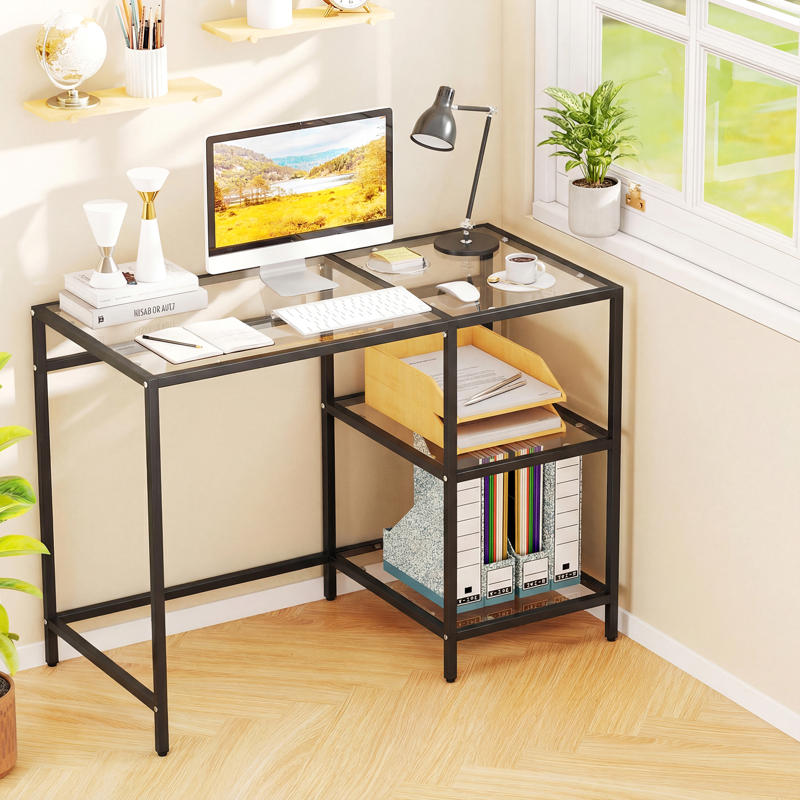 Schreibtisch Computertisch mit gehärtete Glasplatte Schutzglasständer Schwarz