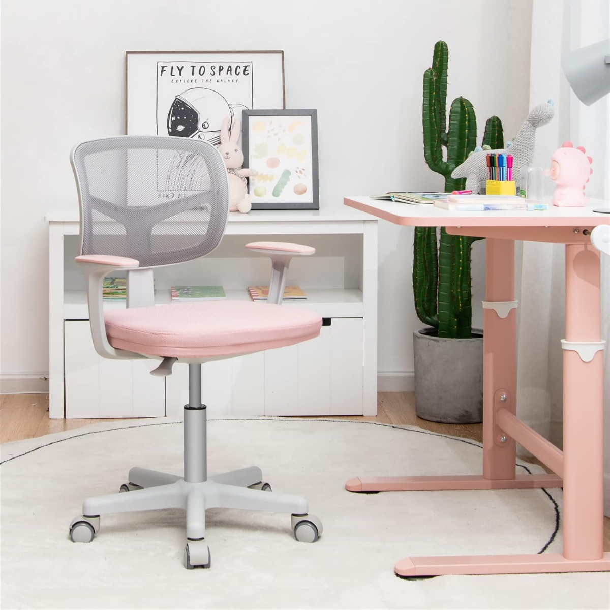 Kinder Schreibtischstuhl mit Einstellbarer Höhe & Selbstsichernden Rädern für 3-10 J. Kinder Rosa
