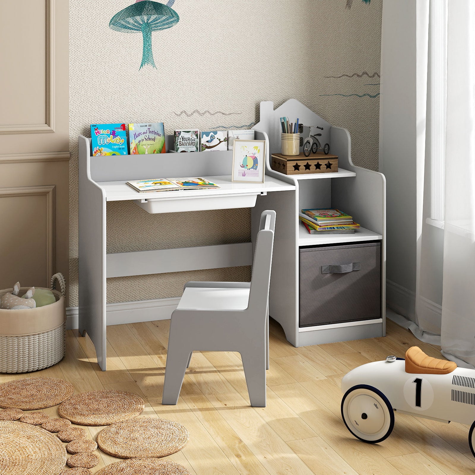 Schreibtisch- & Stuhlset für Kinder Schülertisch mit offenen Regalen Schublade & Stoffbehälter Grau