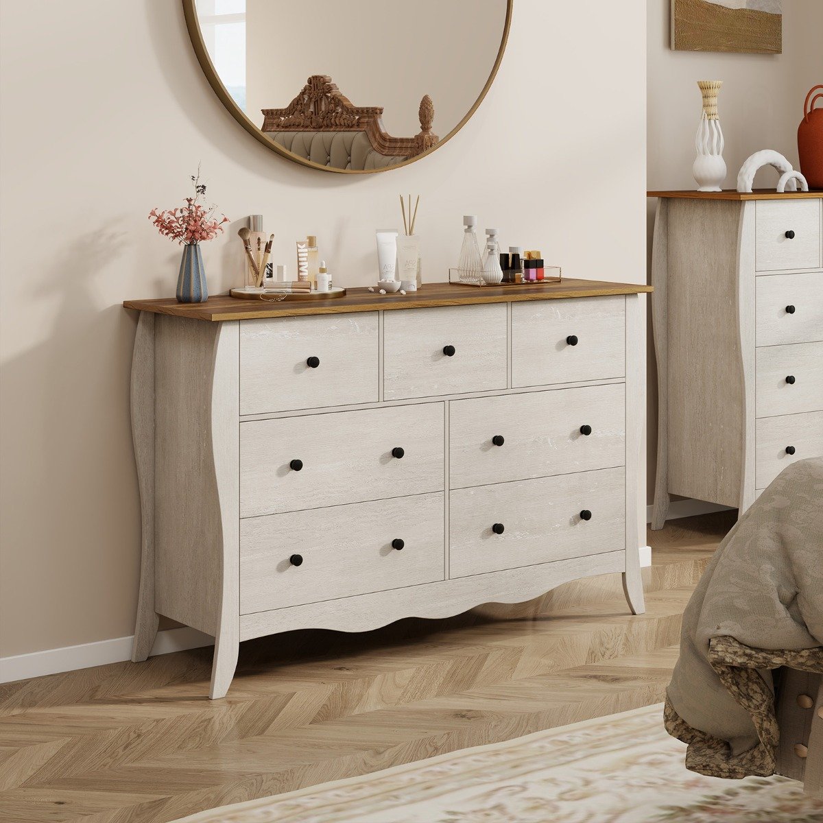 Kommode mit 7 Klappbaren Stoffschubladen Sideboard im Landhausstil Kleiderschrank Grau