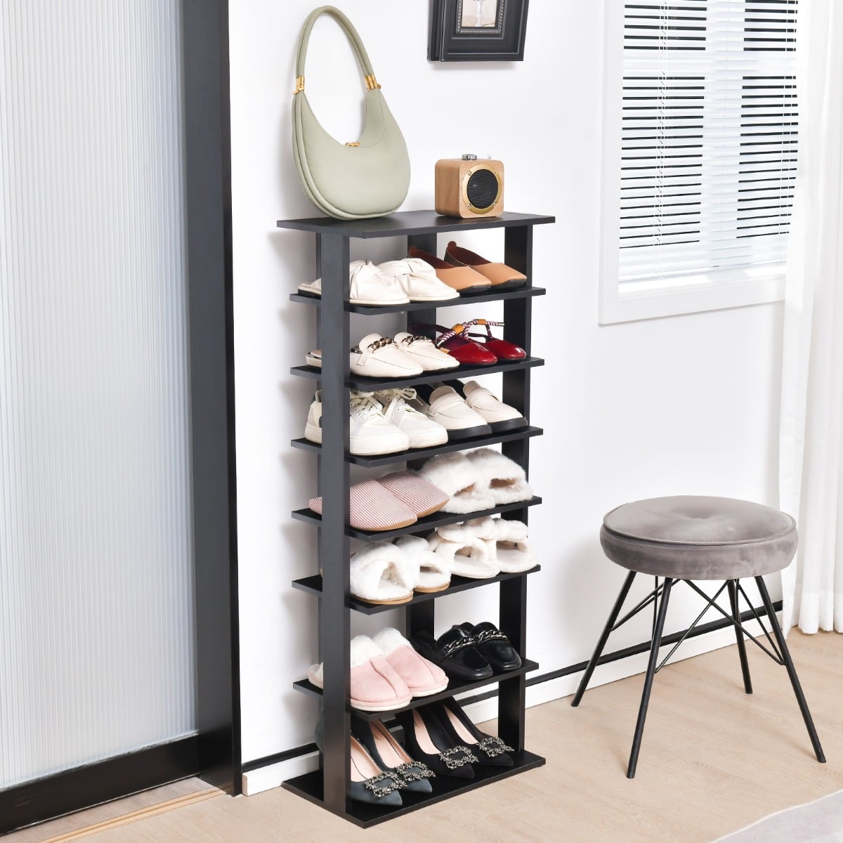 Höheverstellbarer 8 stufiger Schuhständer aus Holz Schuhregal Freistehender Eckregal Braun