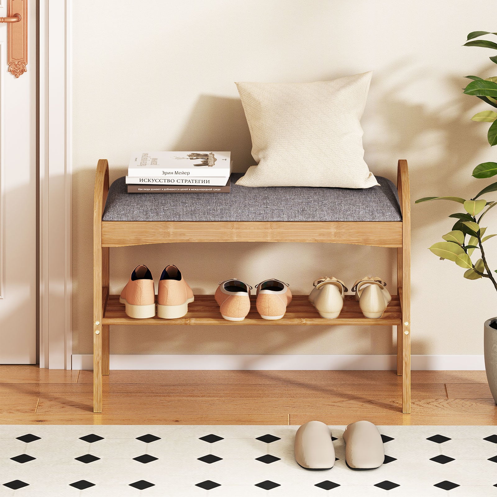 Schuhbank aus Bambus 2-stufiges Schuhregal mit gepolstertem Sitzkissen & Regal 70 x 31,5 x 51 cm Natur & Grau