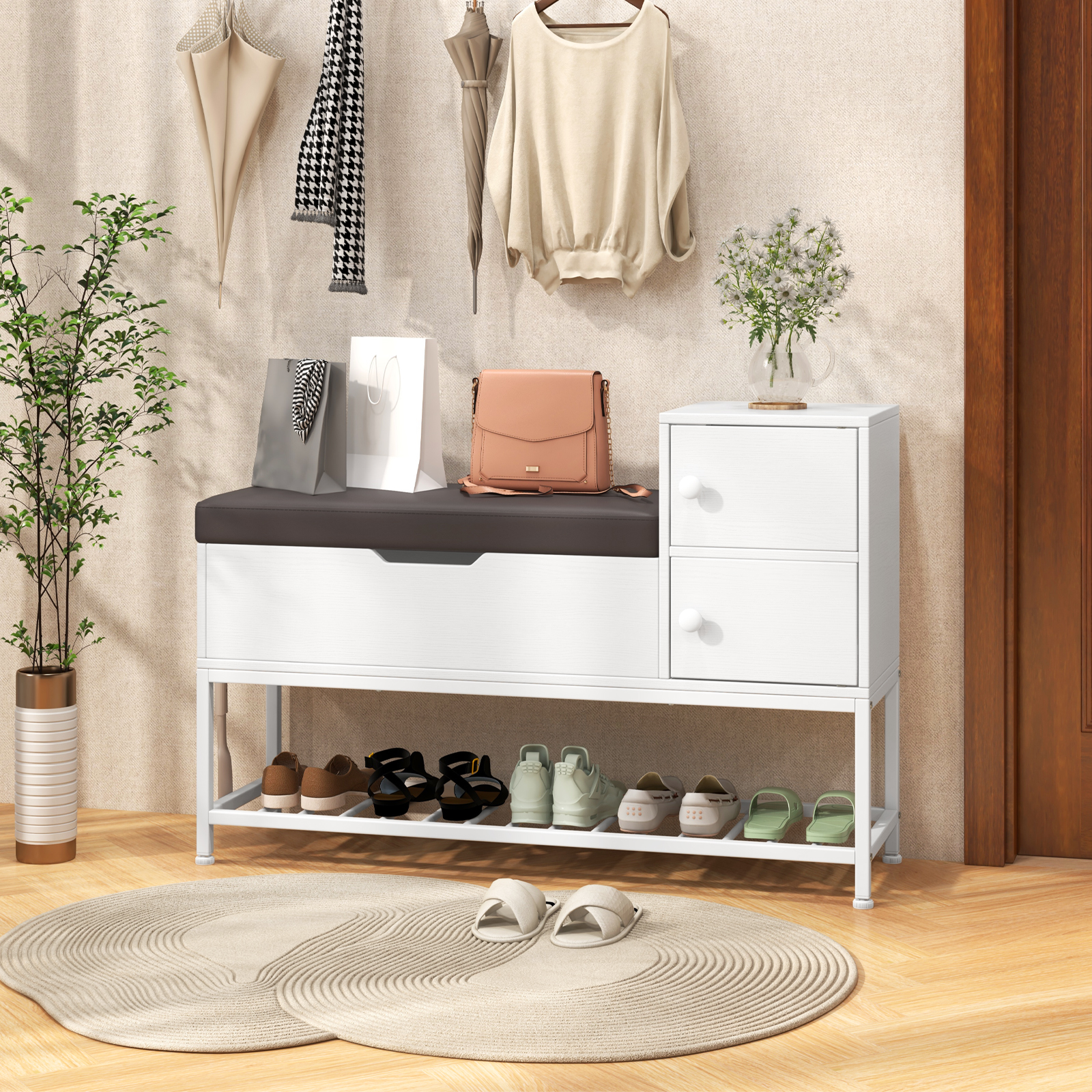 Schuhbank mit Klappdeckel & Sitzfläche & 2 Türen Schuhregal Schuhschrank 100 x 30 x 68 cm