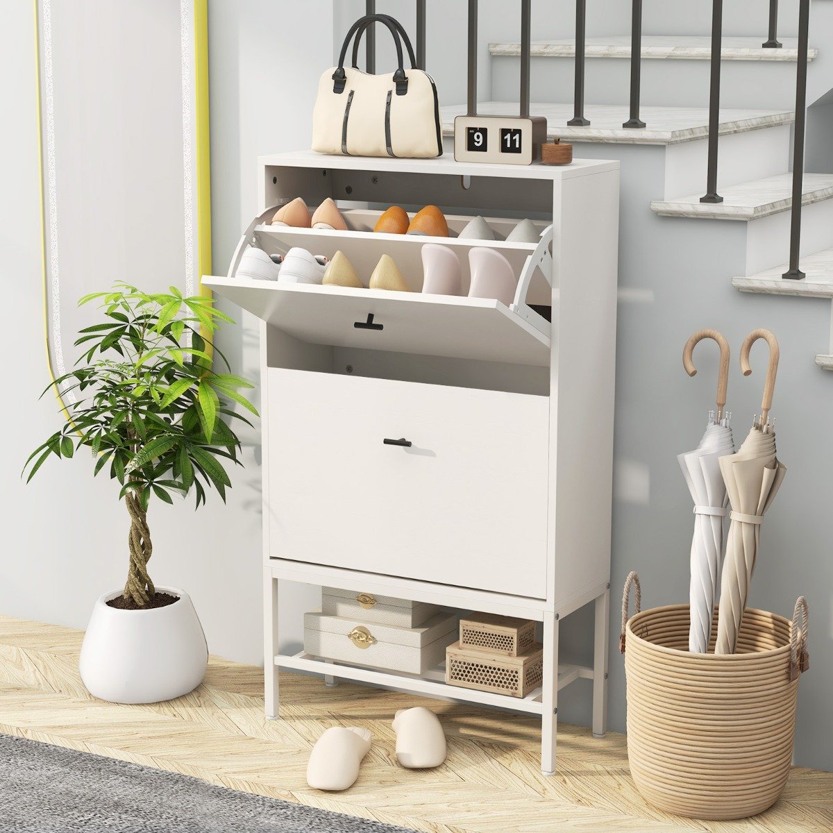 Schuhschrank mit 2 Klappen & 4 Ablageflächen & Offenem Regal Schuhkipper Schuhregal Weiß