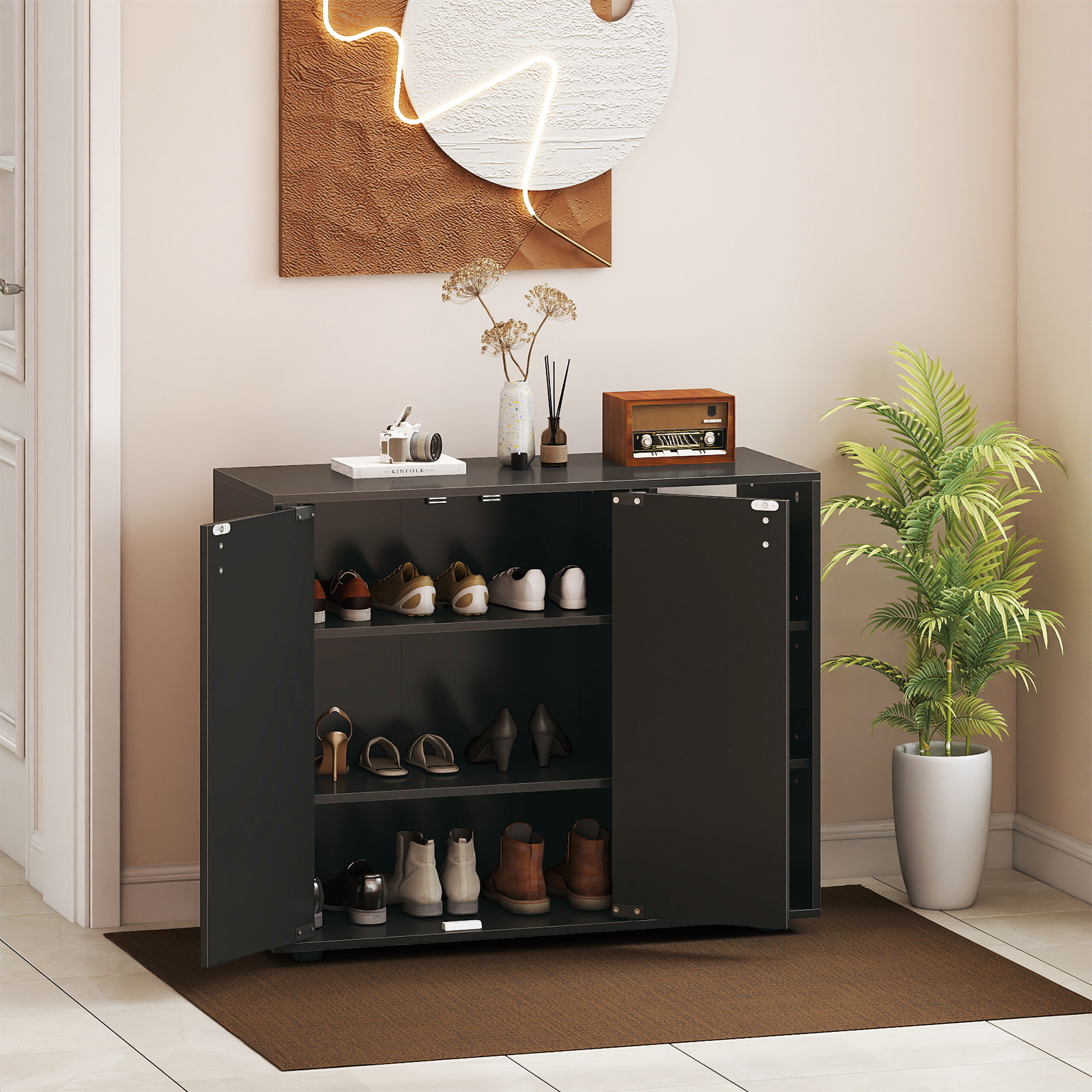 Schuhschrank mit 2 Türen & Verstellbaren Offenen Regalen Schuhregal Schuhkommode Schwarz