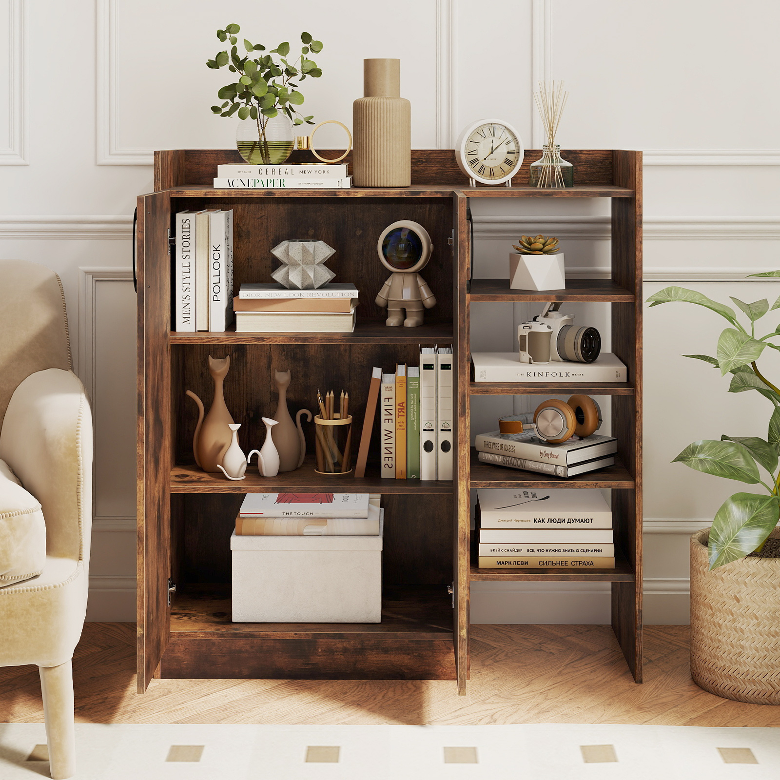 Schuhschrank mit 3-Fach Verstellbaren Regalböden & 2 Türen & 5 Offenen Regalen Braun