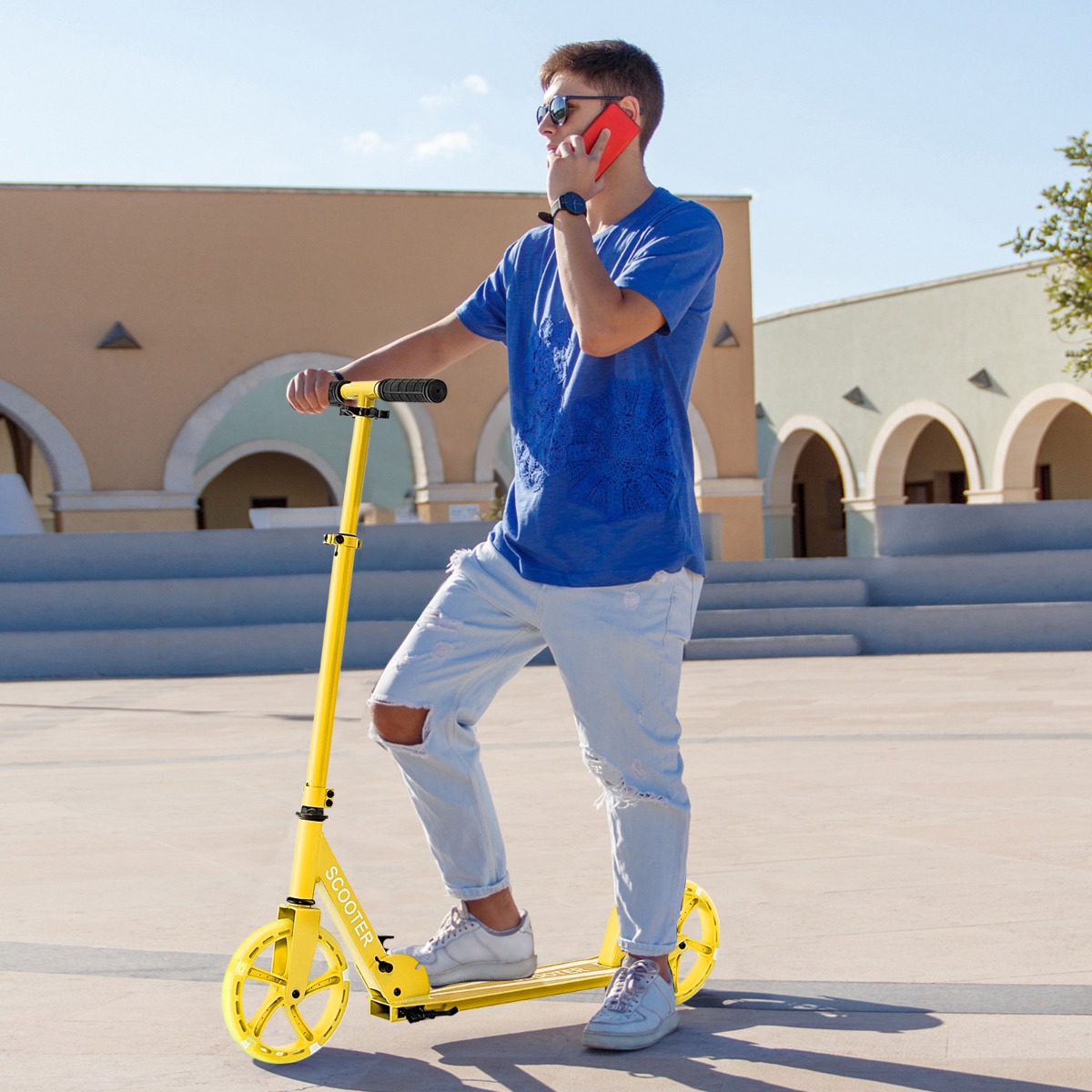 Klappbarer Scooter mit 100kg Tragkraft & 2 LED Räder Höhenverstellbarer Roller Tretroller Gelb