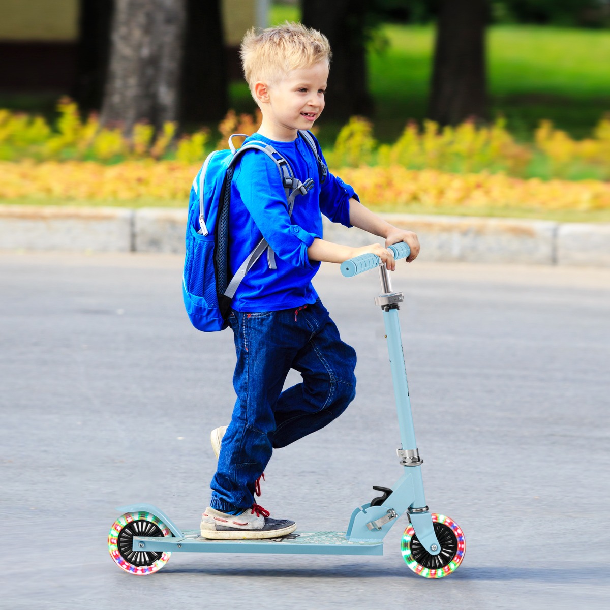 Kinder Roller Scooter mit LED-Räder & Klappbar Lenker Höhenverstellbar Tretroller Kinderroller Hellblau