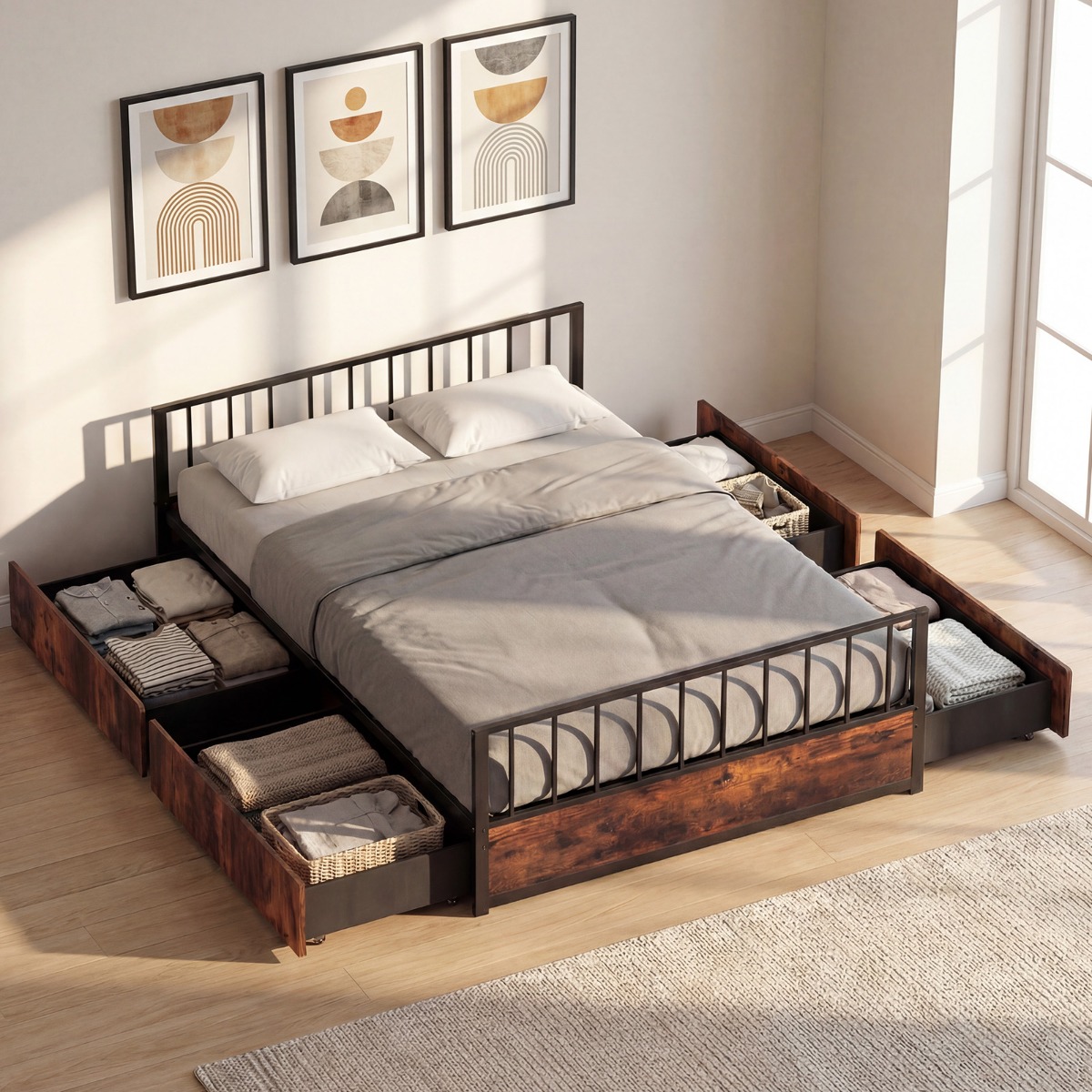 140 x 200 cm Bettgestell mit 2 Schubladen & Kopfteil & Fußteil Industriell Doppelbett mit Lattenrost