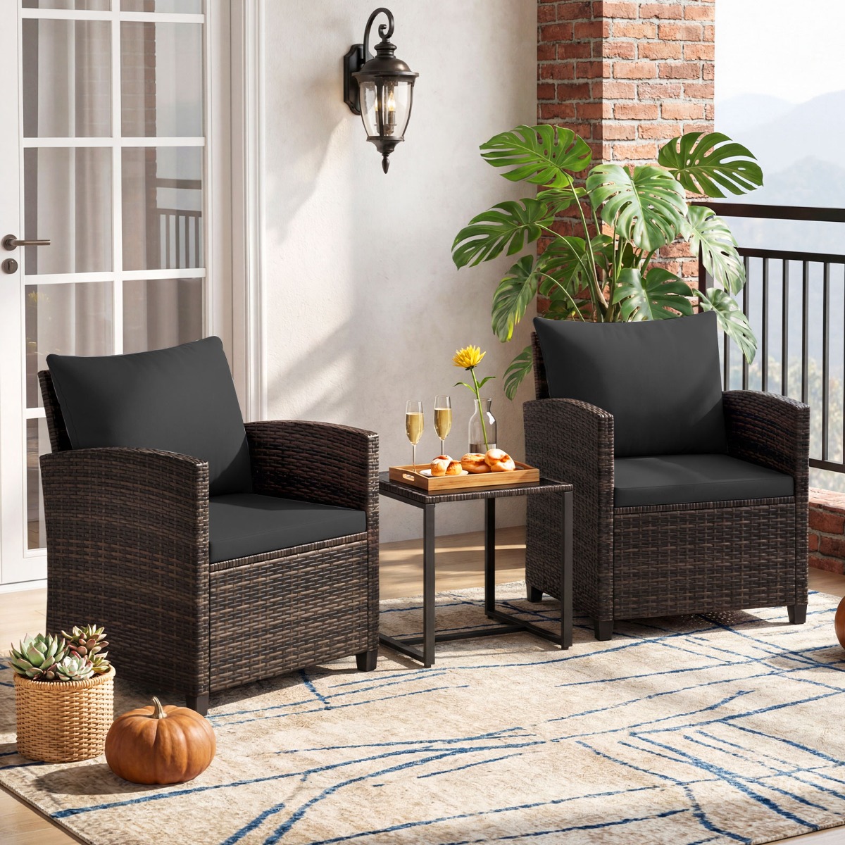 Rattan Balkonset inkl. 2 Stühle mit Kissen & Tisch aus Glas Outdoor Sitzgruppe Balkonmöbel Braun-Schwarz