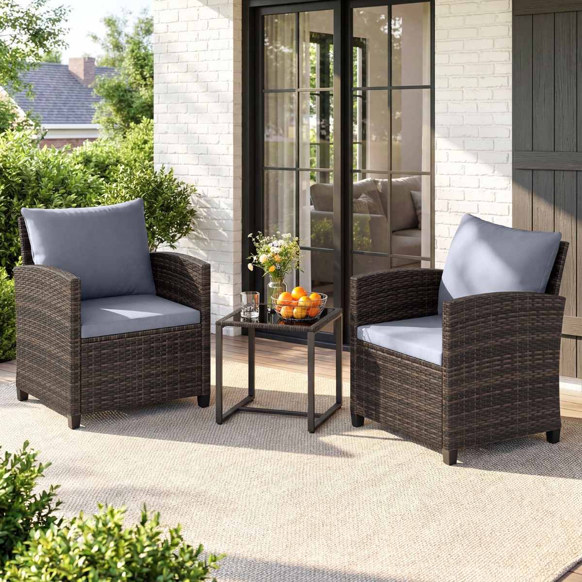 Rattan Balkonset inkl. 2 Stühle mit Kissen & Tisch aus Glas Outdoor Sitzgruppe Balkonmöbel Braun-Grau