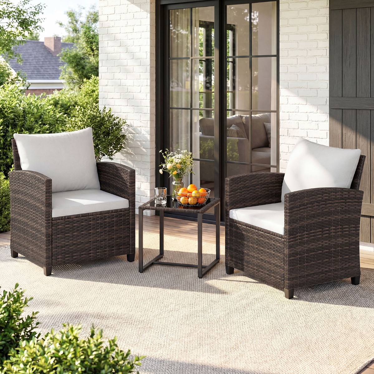 Rattan Balkonset inkl. 2 Stühle mit Kissen & Tisch aus Glas Outdoor Sitzgruppe Balkonmöbel Braun-Beige