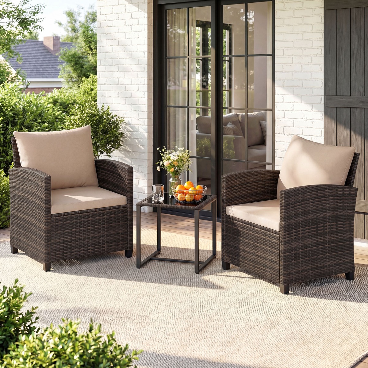 Rattan Balkonset inkl. 2 Stühle mit Kissen & Tisch aus Glas Outdoor Sitzgruppe Balkonmöbel Braun-Khaki