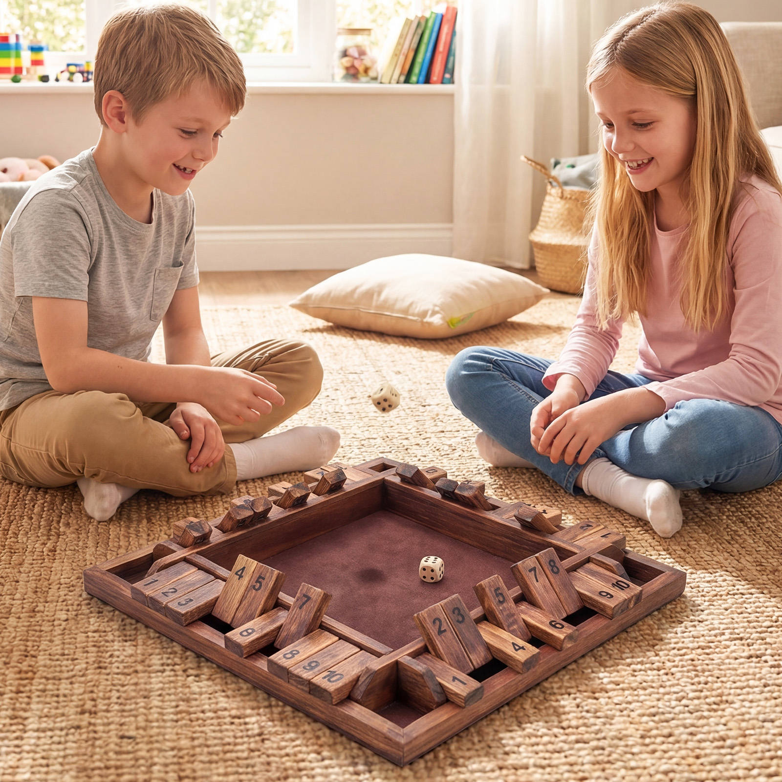 Shut The Box Spiel für 2-4 Spieler Würfelspiel mit 2 Würfel & Robustem Kiefernholz Klappenspiel Braun