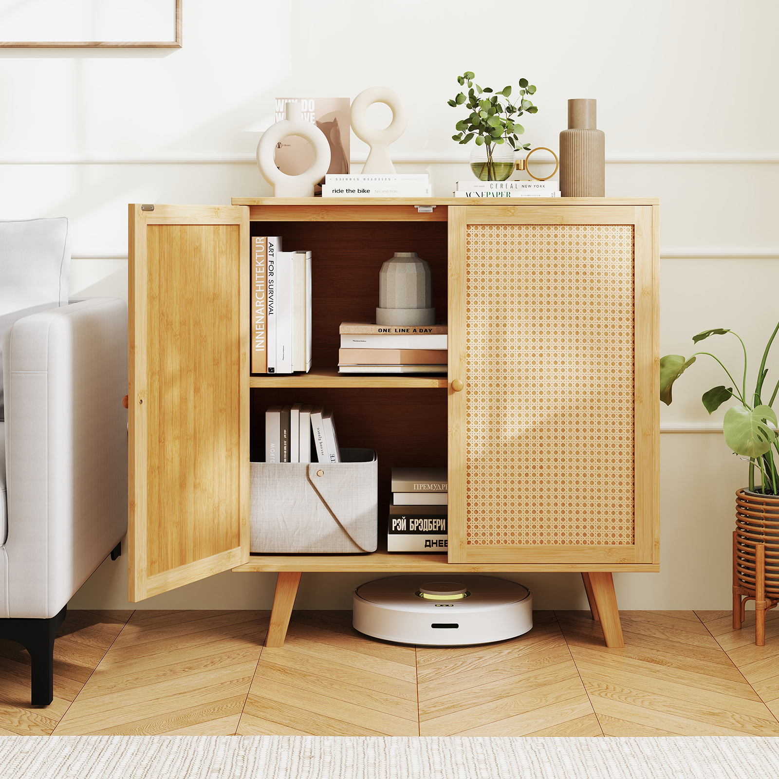 Sideboard mit 2 Rattantüren Küchenschrank aus Bambus mit Arbeitsplatte 80 x 34,5 x 85 cm Natur