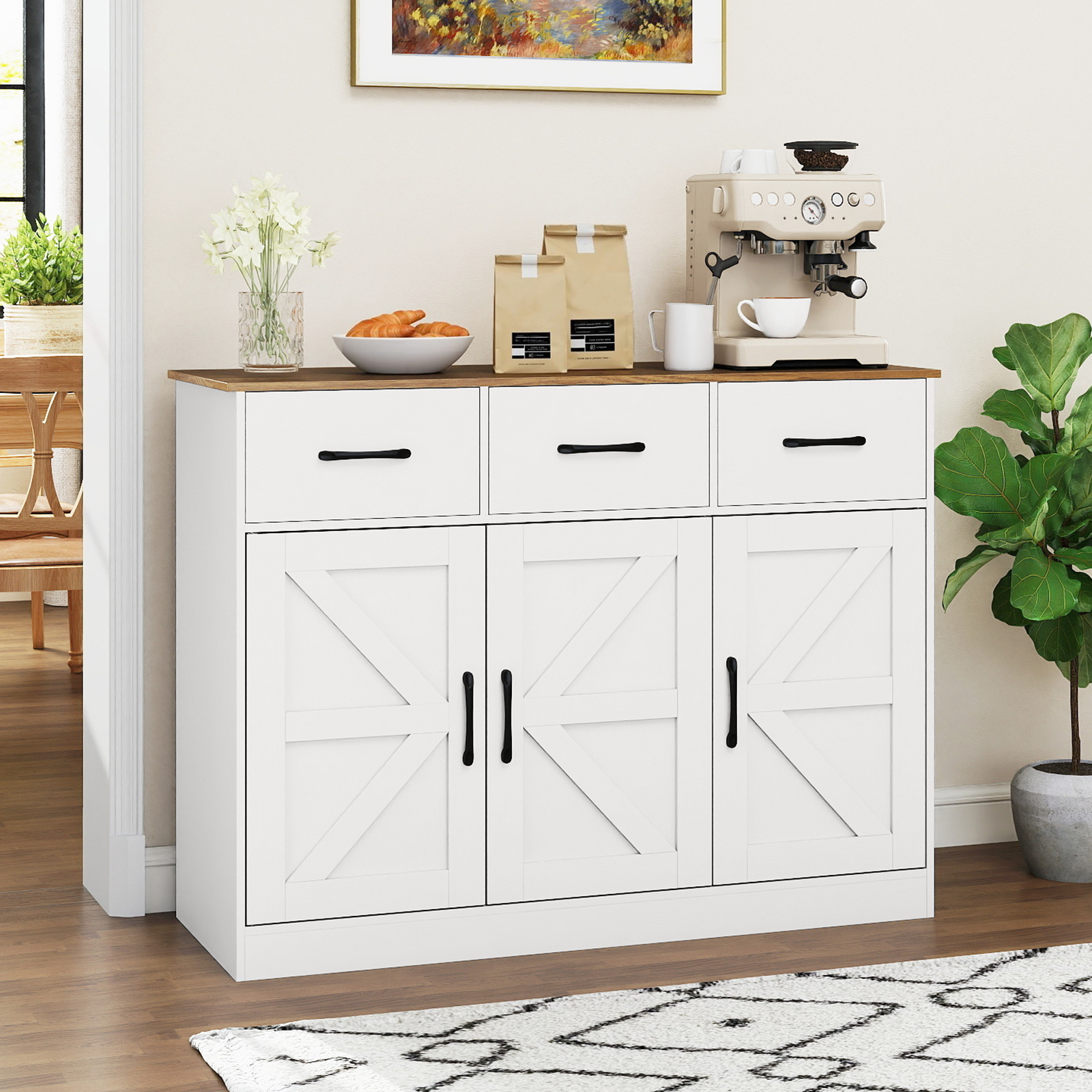 Sideboard mit 3 Schubladen & 3 Türen & Arbeitsplatte & Verstellbaren Regalen Küchenschrank Weiß