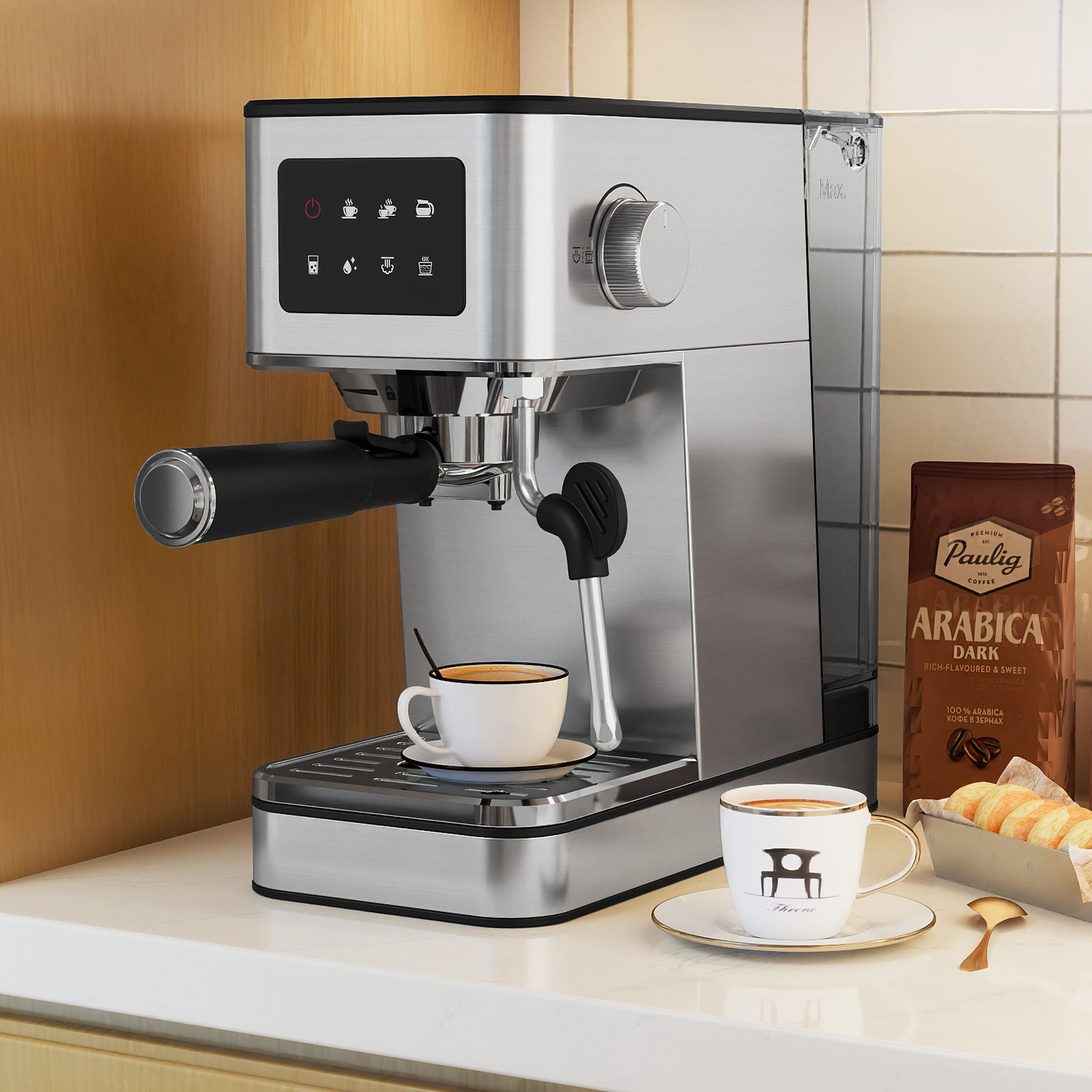 Siebträgermaschine mit Milchaufschäumer 20 Bar Espressomaschine mit Touchscreen & 17 L abnehmbarem Wassertank Silber