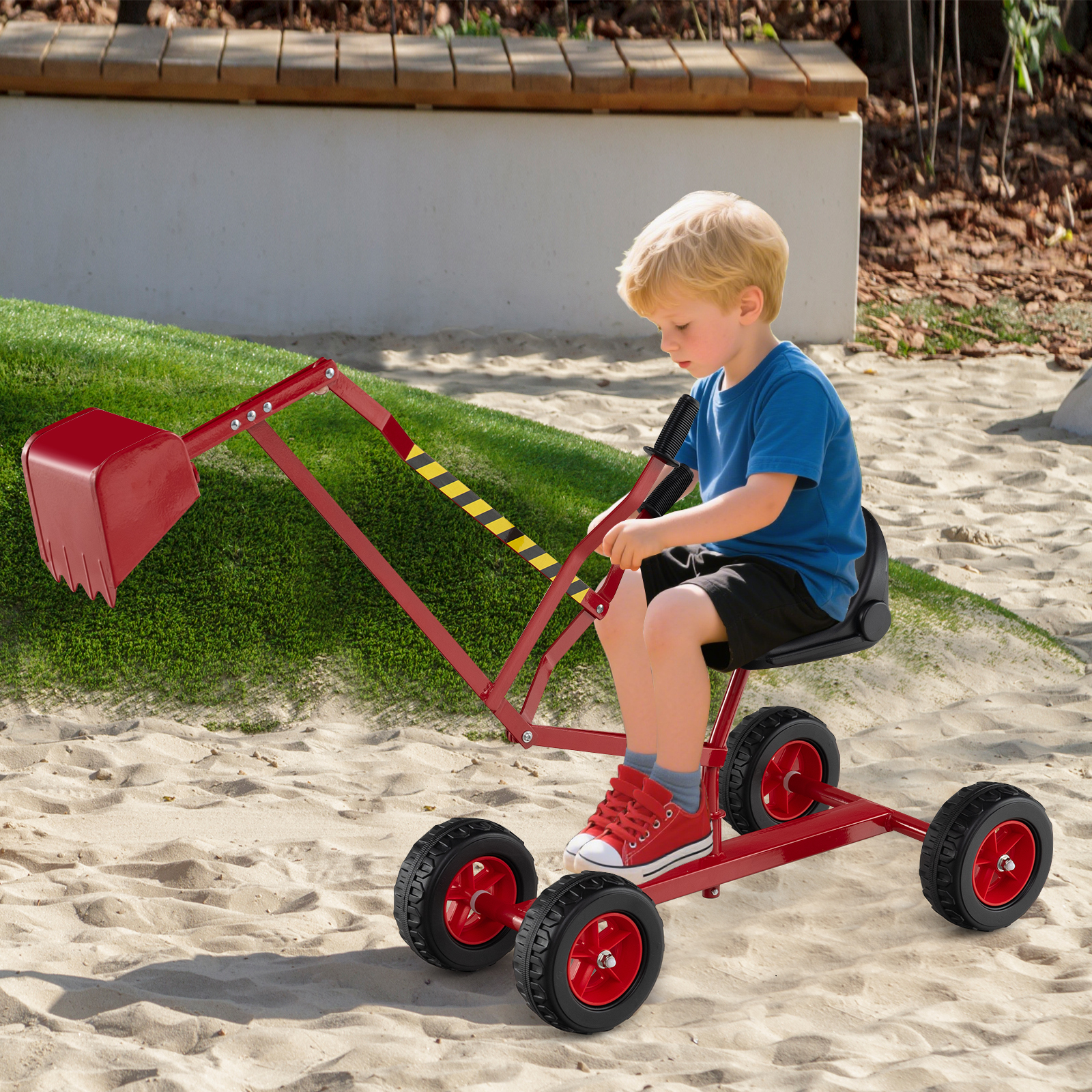 Sitzbagger 360° drehbar Bagger zum Draufsitzen Metall mit Schaufel & Rädern Bagger Sandkasten Rot