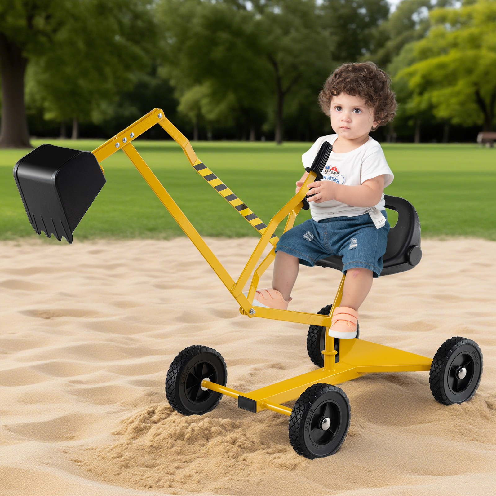 Sitzbagger 360° drehbar Bagger zum Draufsitzen mit Schaufel & Rädern Kinderbagger Metall Aufsitzbagger Sandbagger Gelb
