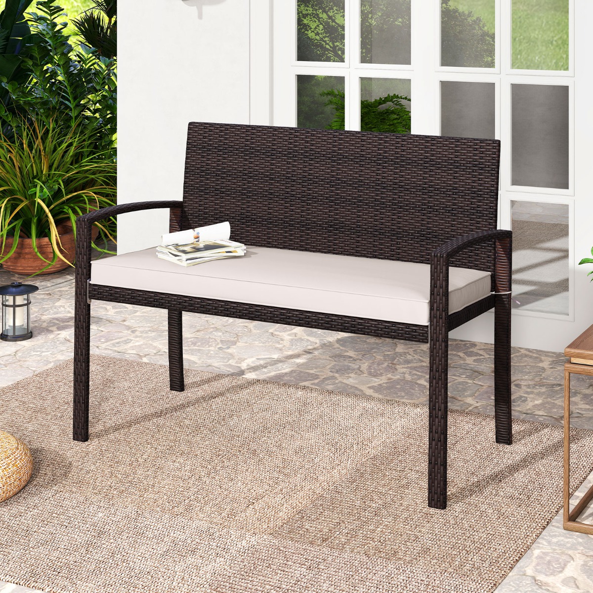 Polyrattan Gartenbank mit Sitzkissen Wetterfeste Balkontank bis 360 kg Belastbar Balkontank Beige