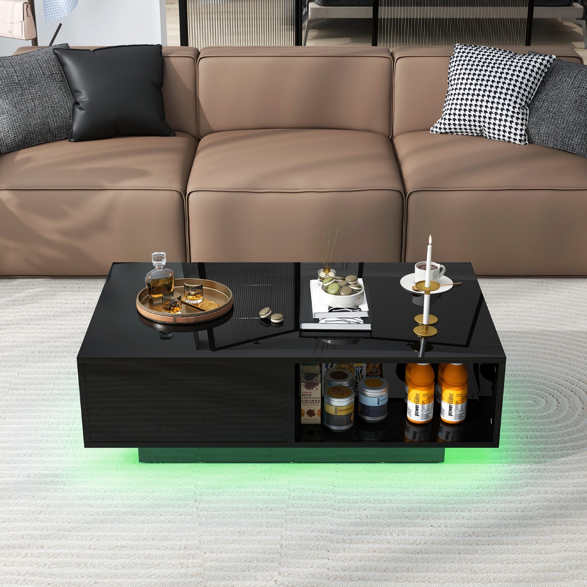 Couchtisch mit 20 Farben LED-Lichtern & Fernbedienung Beistelltisch 95 x 55 x 31 cm Schwarz