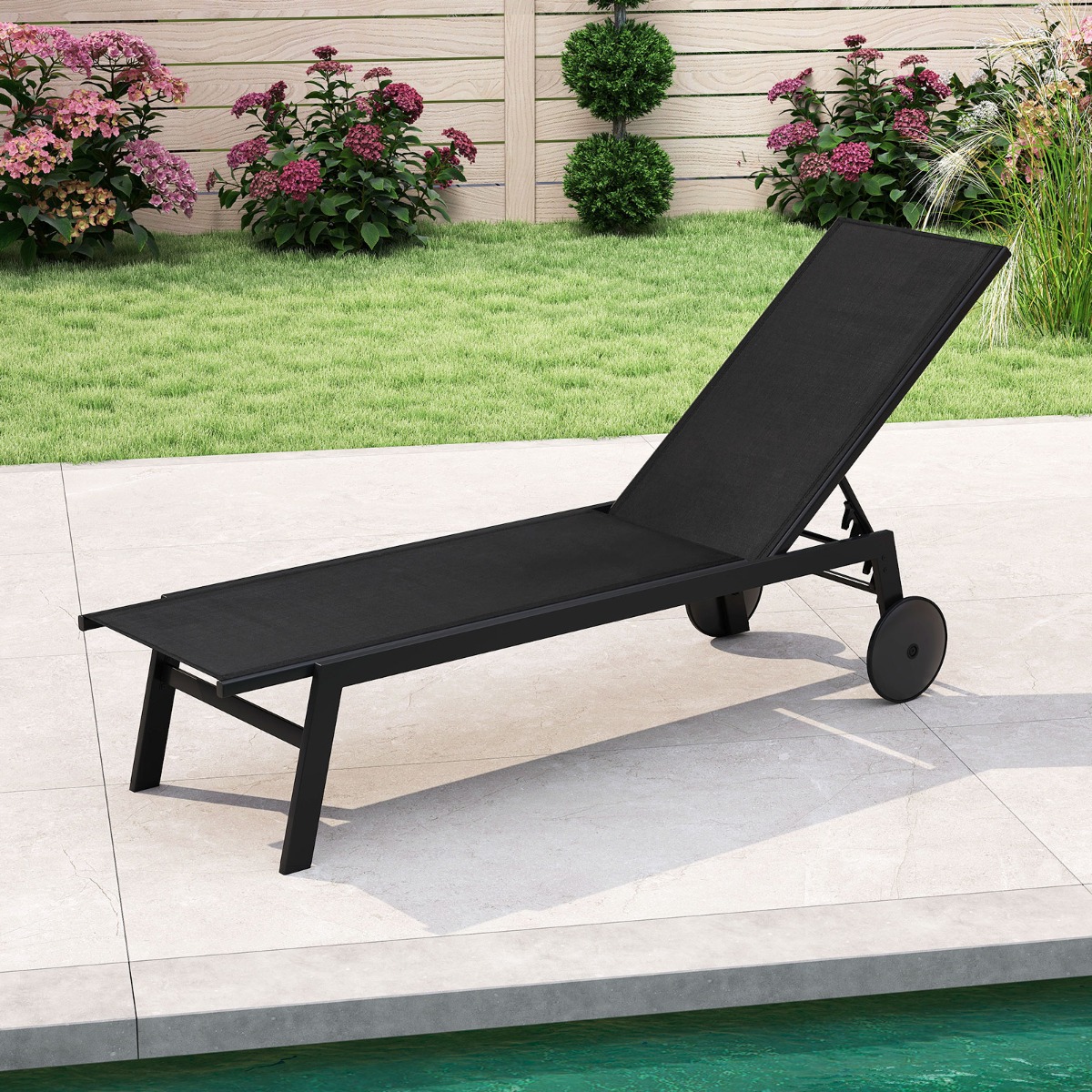 Sonnenliege mit Rollen Gartenliege mit Verstellbarer Rückenlehne & Schnelltrocknendem Stoff Schwarz