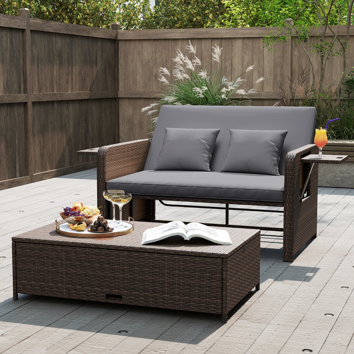 3 in 1 Polyrattan Sonnenliege mit Verstellbarer Rückenlehne & Seitenablagen Gartenliege Grau