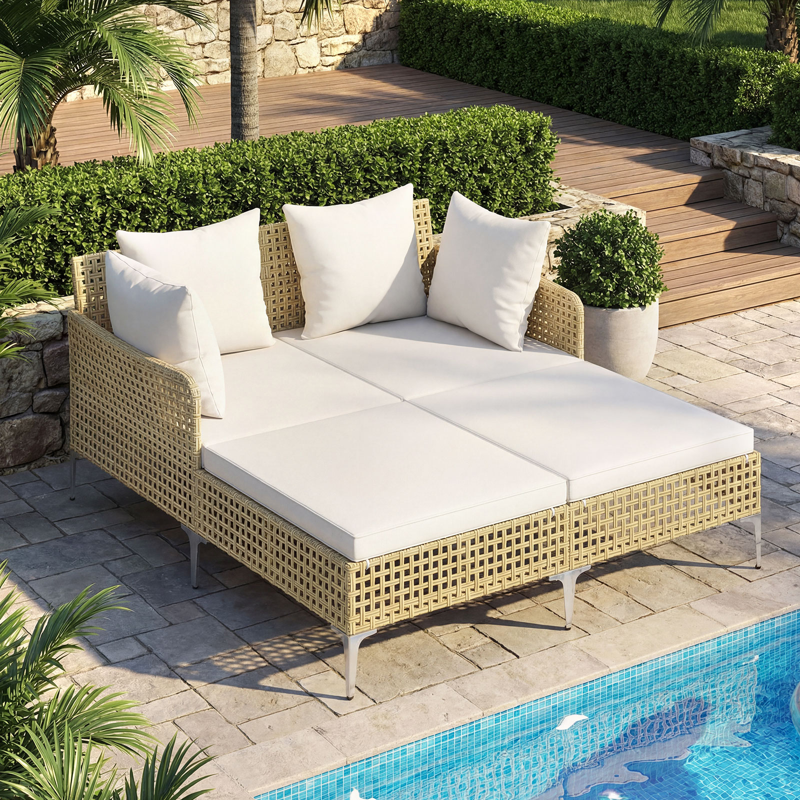 Sonnenliege Doppelliege aus Rattan für 2 Personen mit Sitz- & Rückenkissen Outdoor Gartenliege Beige