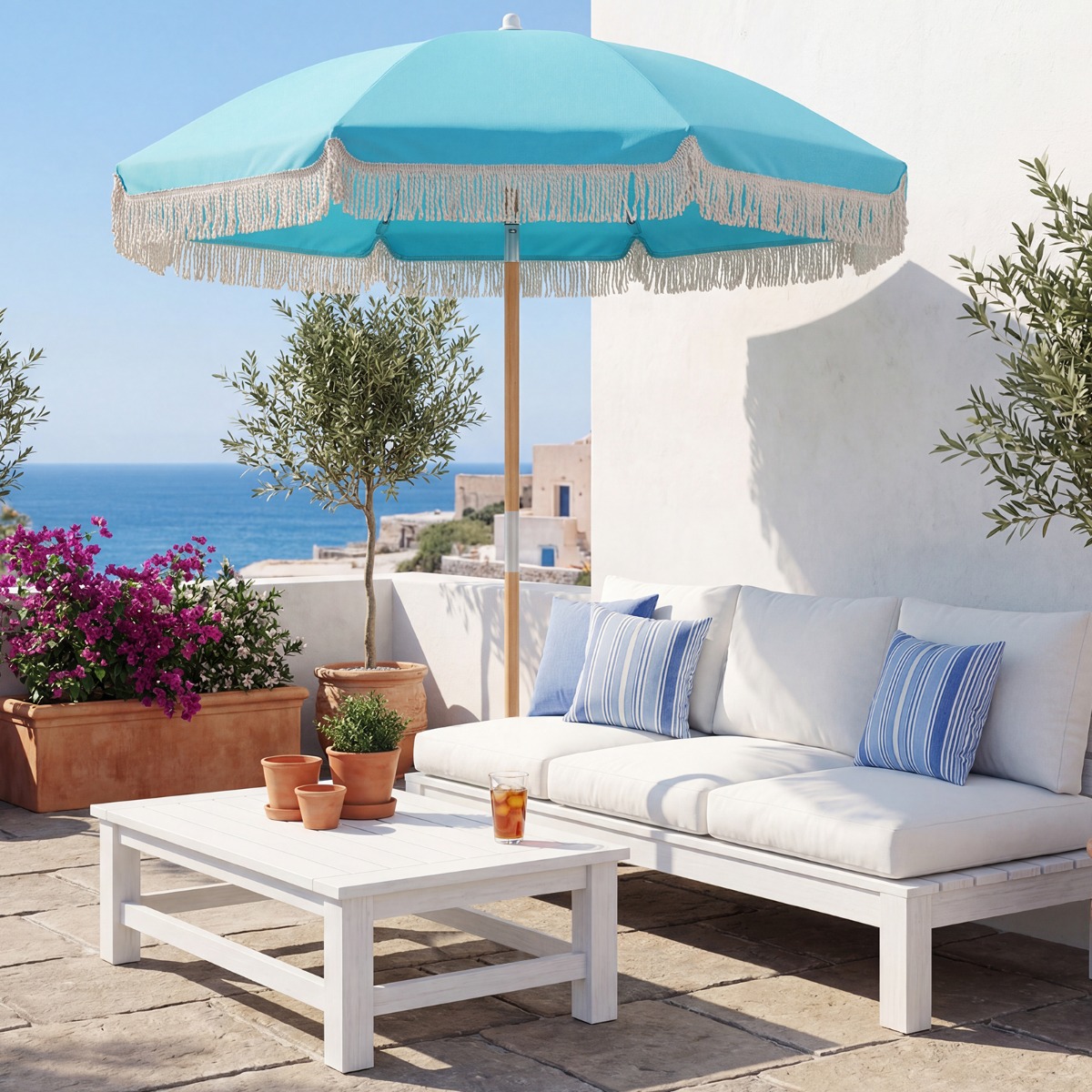 Boho Sonnenschirm Beidseitig um 30° Knickbar 170 cm Gartenschirm mit Fransen Balkonschirm Blau