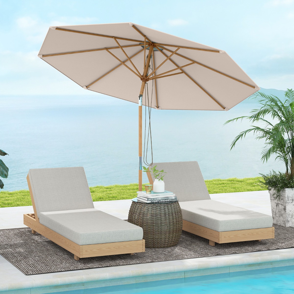 270 cm Sonnenschirm Beidseitig um 30° Knickbar Holz Gartenschirm Balkonschirm Beige