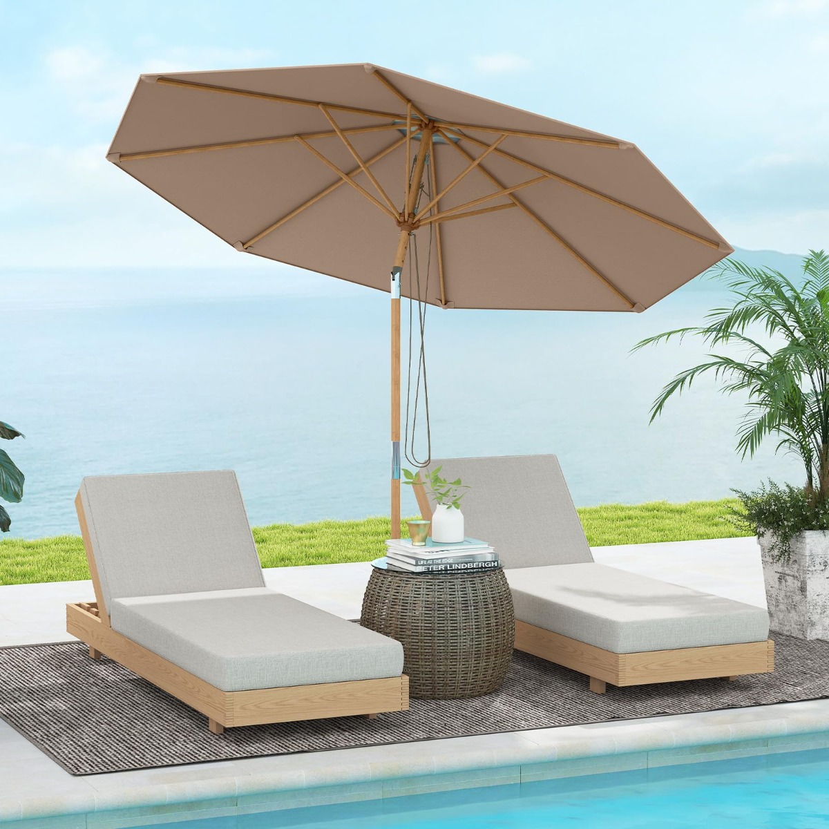 270 cm Sonnenschirm Beidseitig um 30° Knickbar Holz Gartenschirm Balkonschirm Khaki Tan