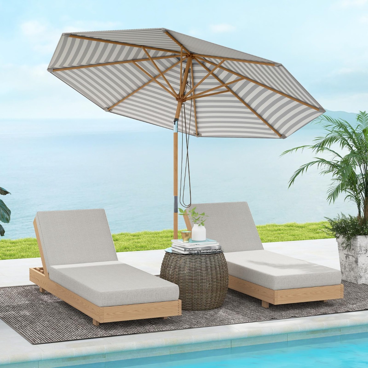 270 cm Sonnenschirm Beidseitig um 30° Knickbar Holz Gartenschirm Balkonschirm Blau + Weiß Gestreift