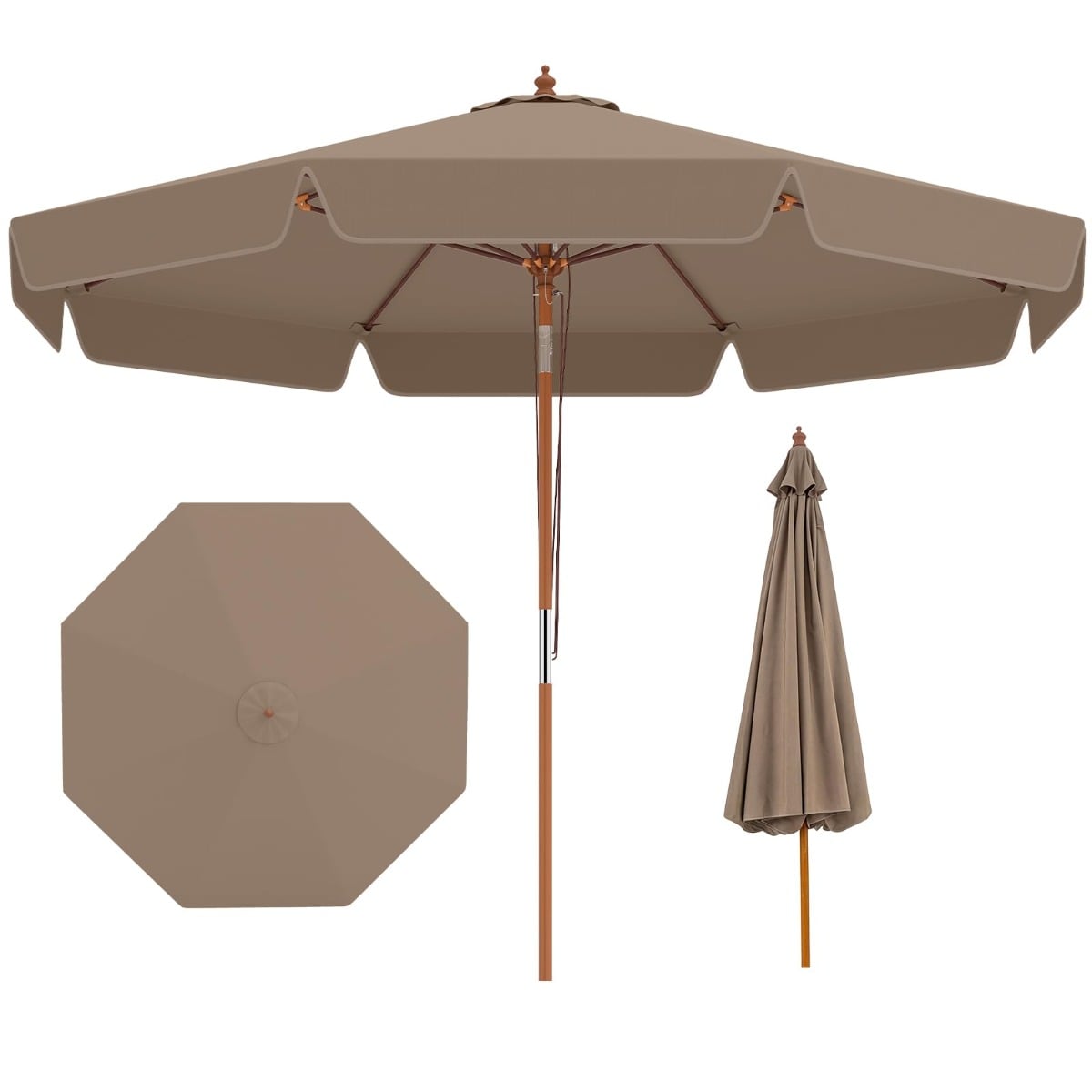 300 cm gezackter Sonnenschirm Marktschirm mit Neigemechanismus Gartenschirm mit Holzstab Braun