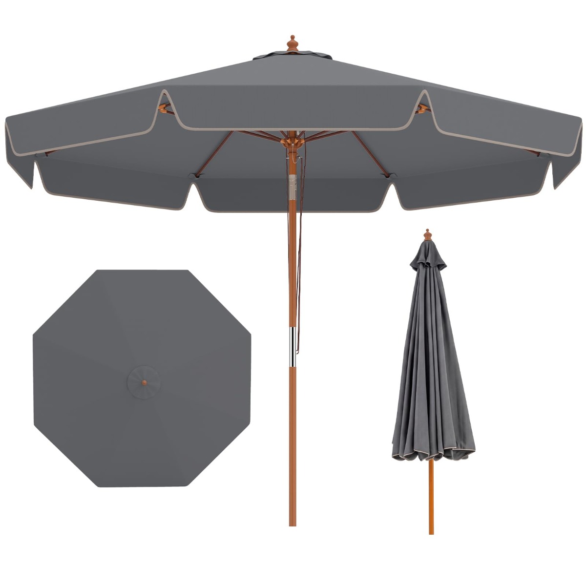 300 cm gezackter Sonnenschirm Marktschirm mit Neigemechanismus Gartenschirm mit Holzstab Grau