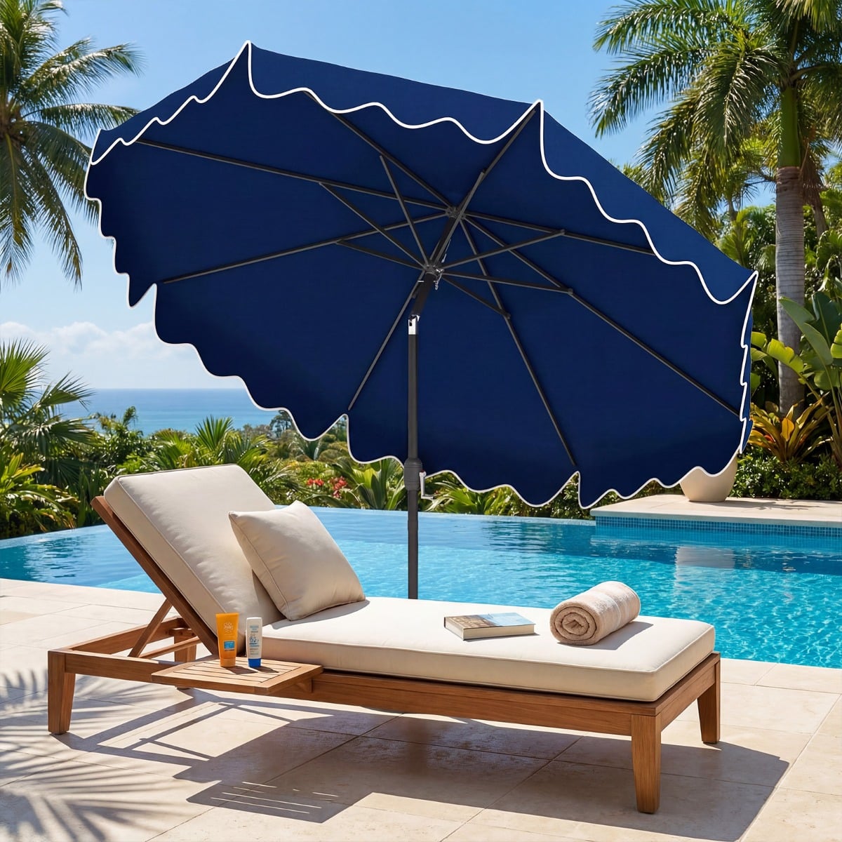 270 cm Sonnenschirm mit Rüschen & Handkurbel Terrassenschirm Beidseitig 30° Knickbar Marineblau