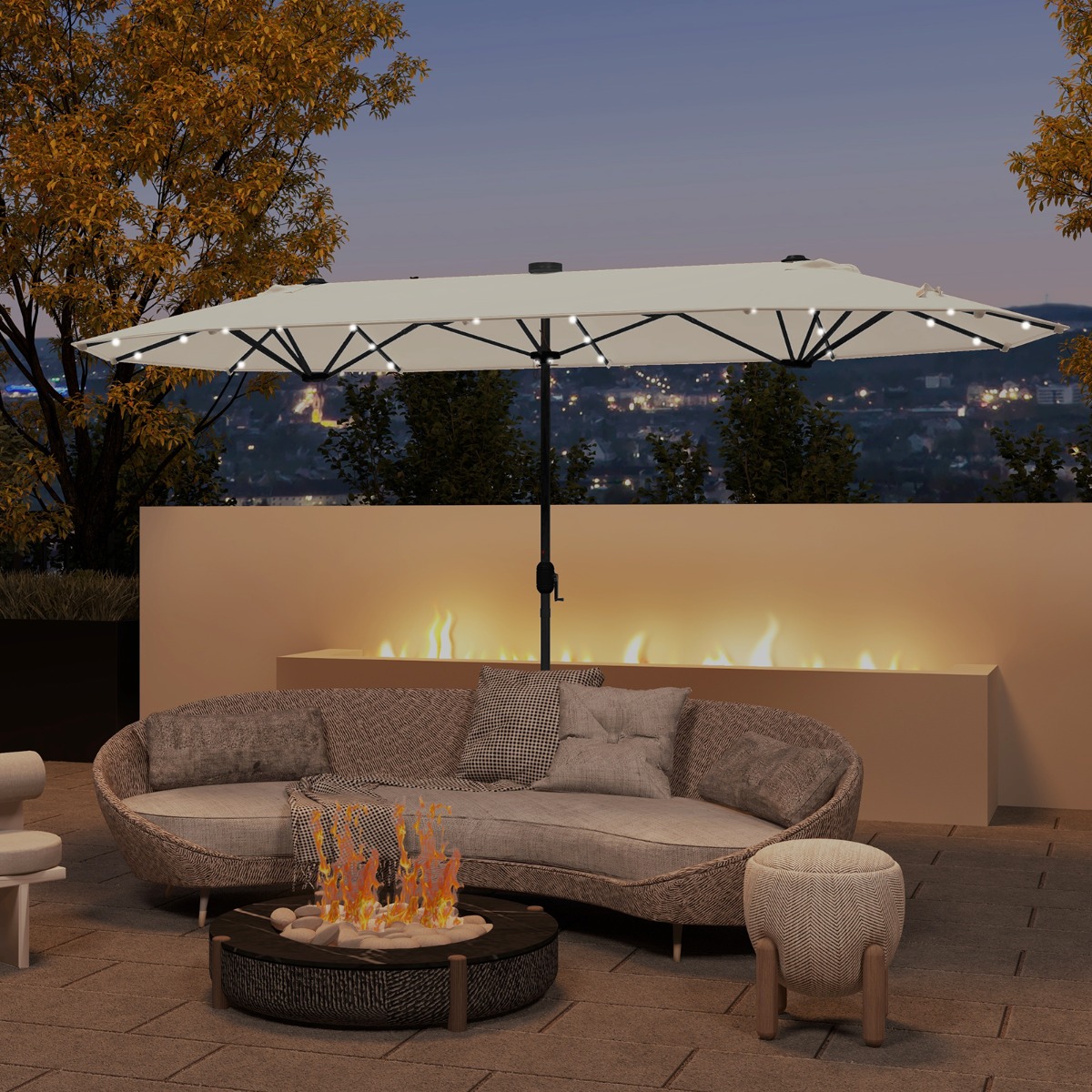 400 x 200 cm Doppelsonnenschirm mit Ständer & LED-Leuchten & Kurbel UPF 50+ Gartenschirm Beige